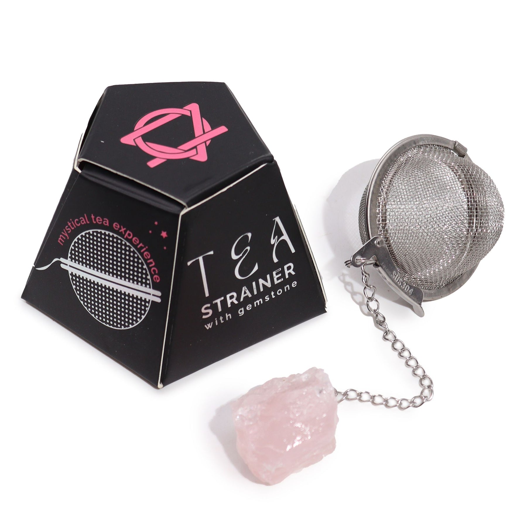 Tea strainer with gemstone and branded packaging on a white background