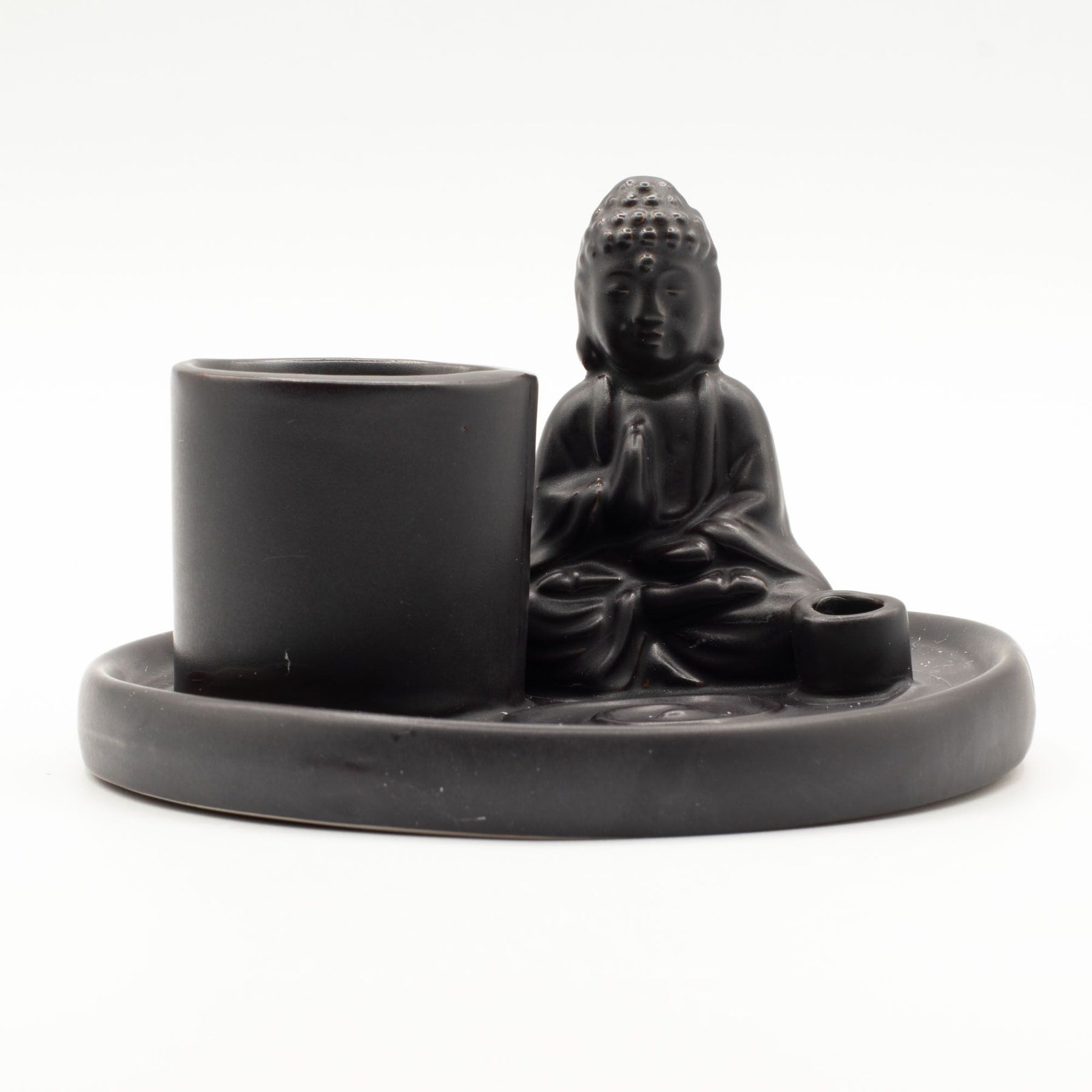 Matt black ceramic Buddha incense plate with seated prayer pose Buddha, integrated holders for incense sticks & cones, ash-catching base