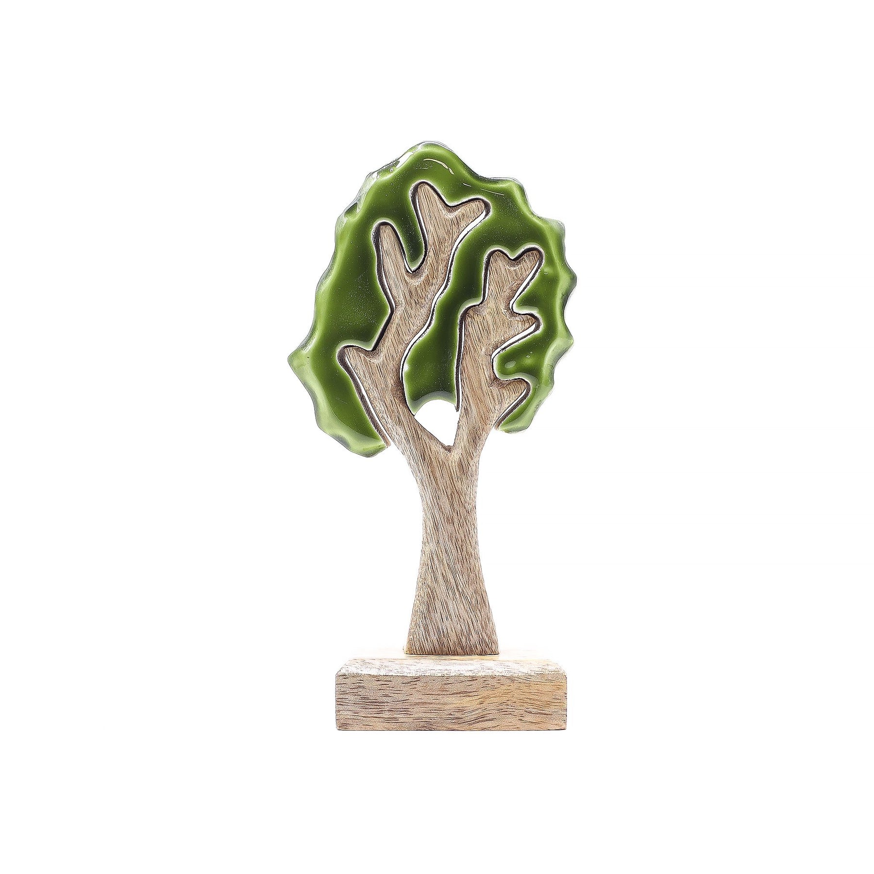 20 cm tall 3D mango wood Christmas tree with deep green enamel branches on wooden base, styled on shelf with fairy lights and pine cones