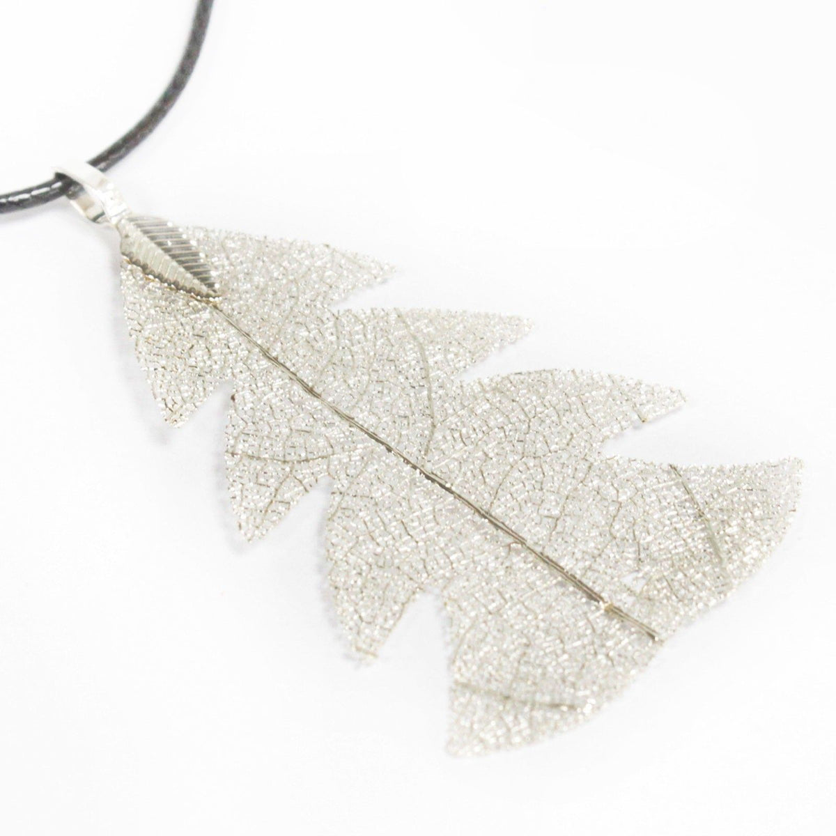 Silver electroplated real festive fir leaf necklace pendant on delicate chain, natural leaf veins visible