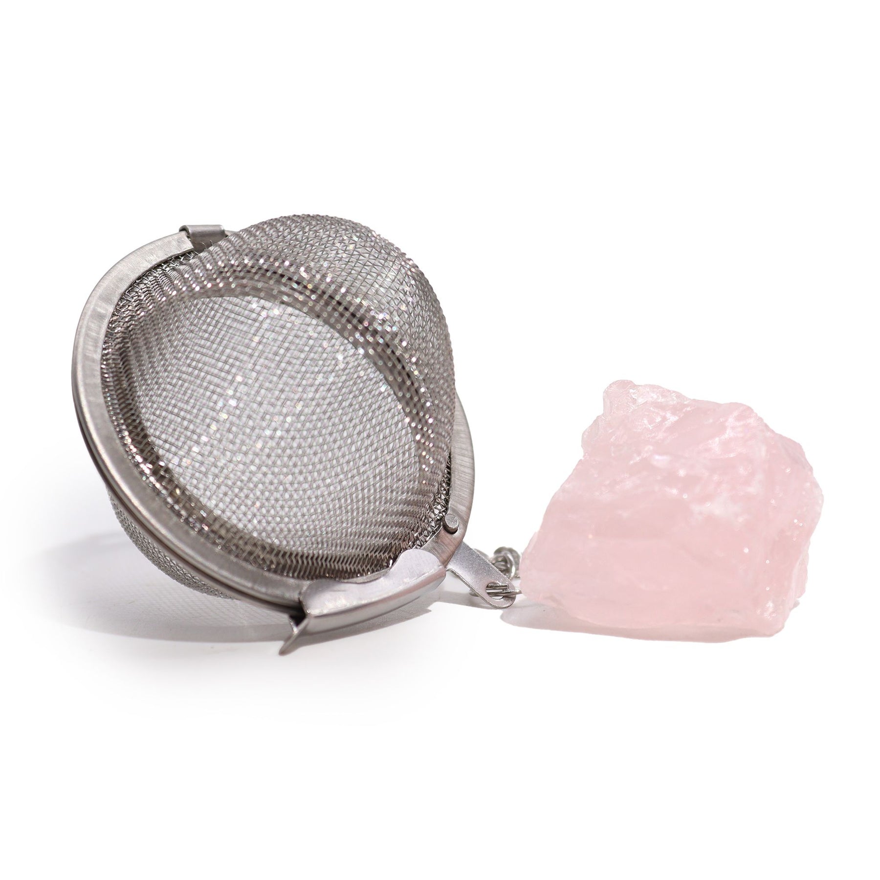 Raw rose quartz crystal tea strainer with stainless steel mesh basket