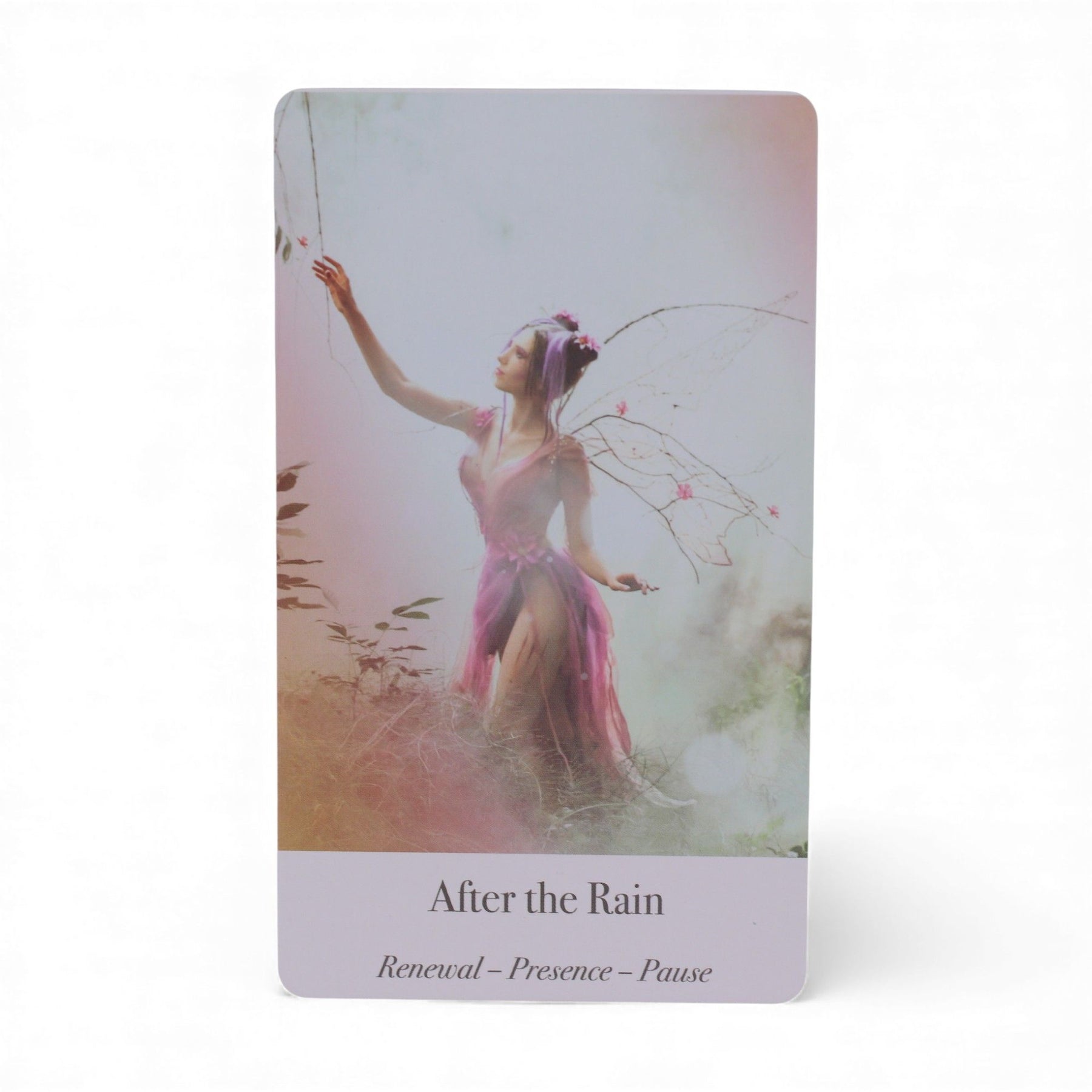Card with a fairy in a fantasy setting and text 'After the Rain' on a white background