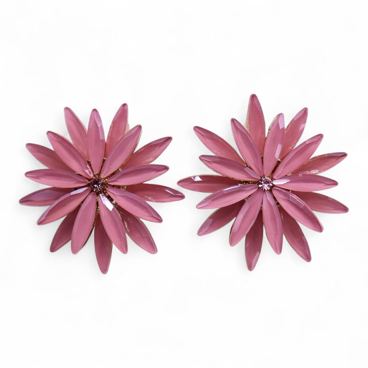 Pair of pink flower-shaped earrings on a white background