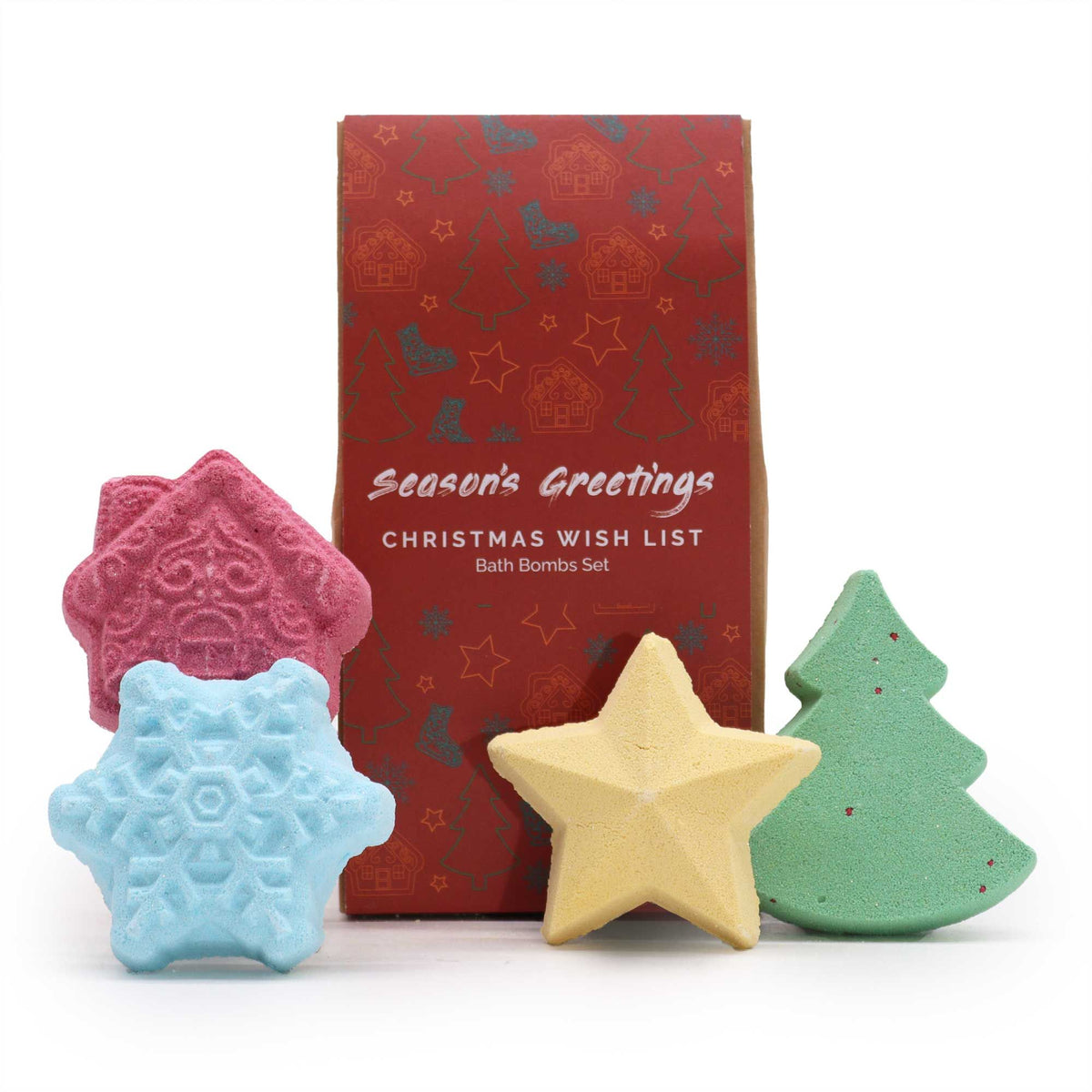 Christmas Wish List bath bomb gift pack with snowflake, gold star, green tree and gingerbread house bombs in elegant kraft box with gold ribbon