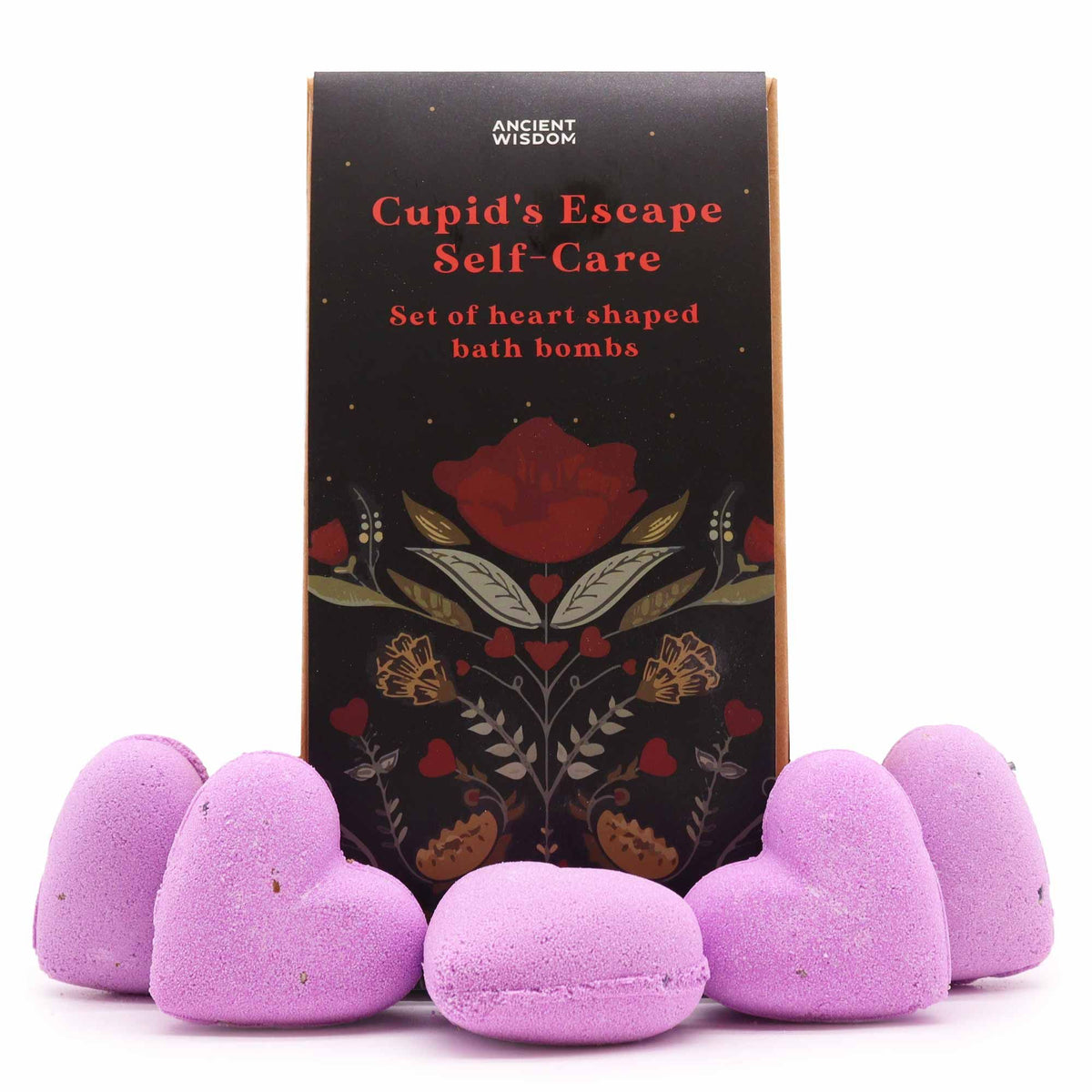 Cupids Escape Bath Heart Gift Set in elegant lavender-themed box with 5 pale purple heart-shaped bath bombs