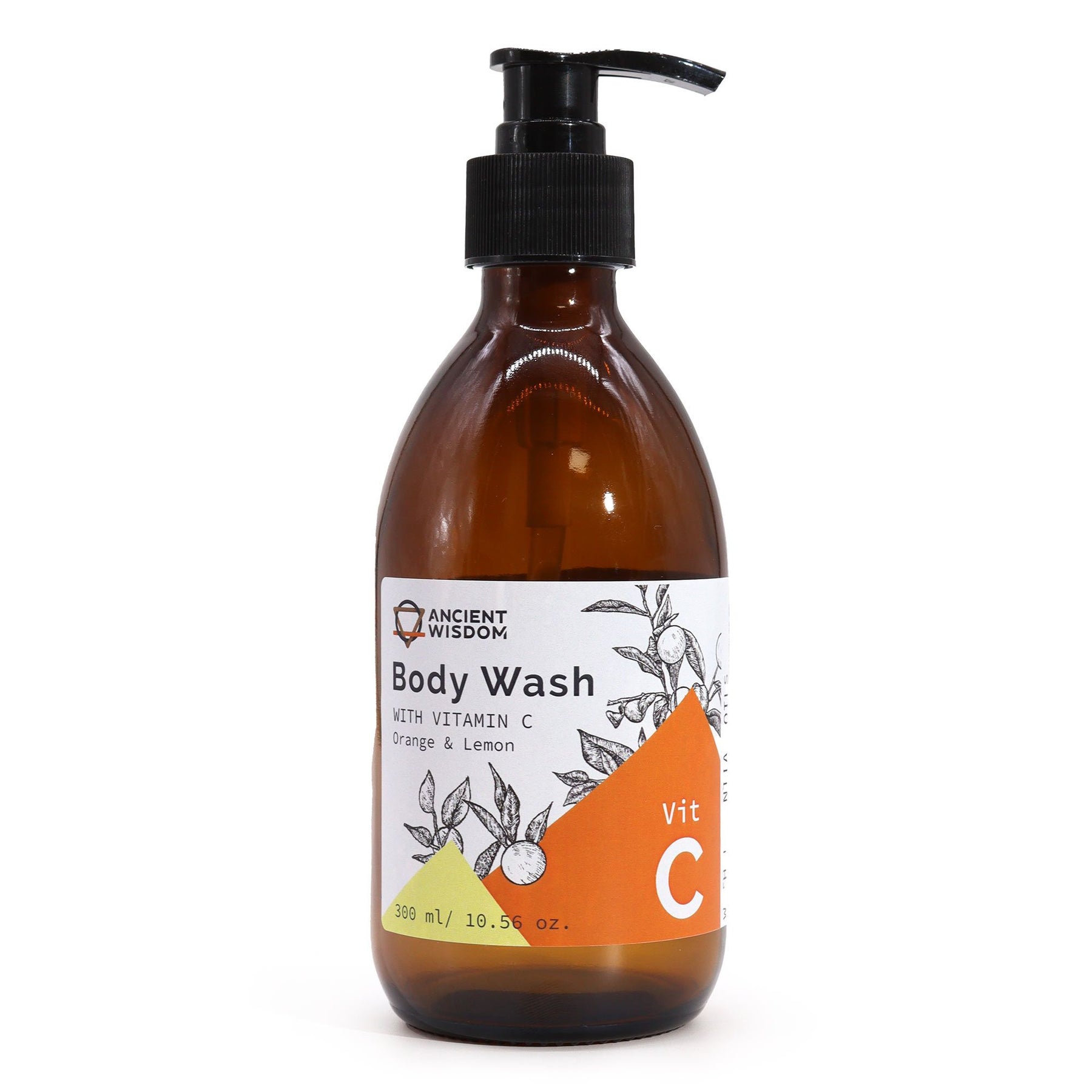 Brown bottle of body wash with a label on a white background