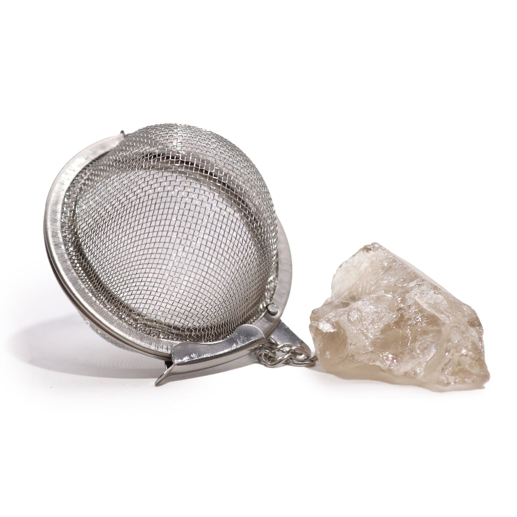 Raw smoky quartz crystal tea strainer with stainless steel mesh basket