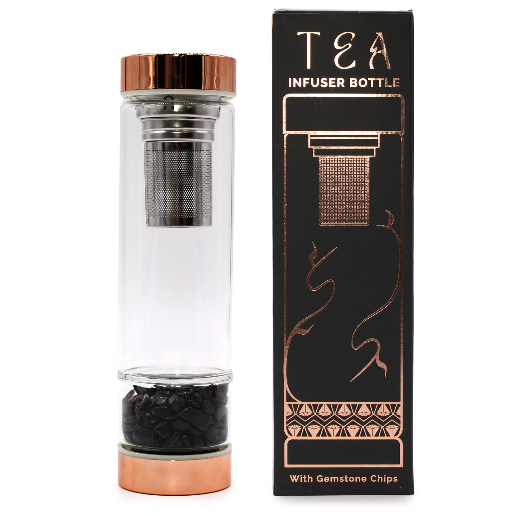 Rose gold black onyx crystal tea infuser bottle with removable bottom chamber full of glossy black onyx chips, neoprene sleeve