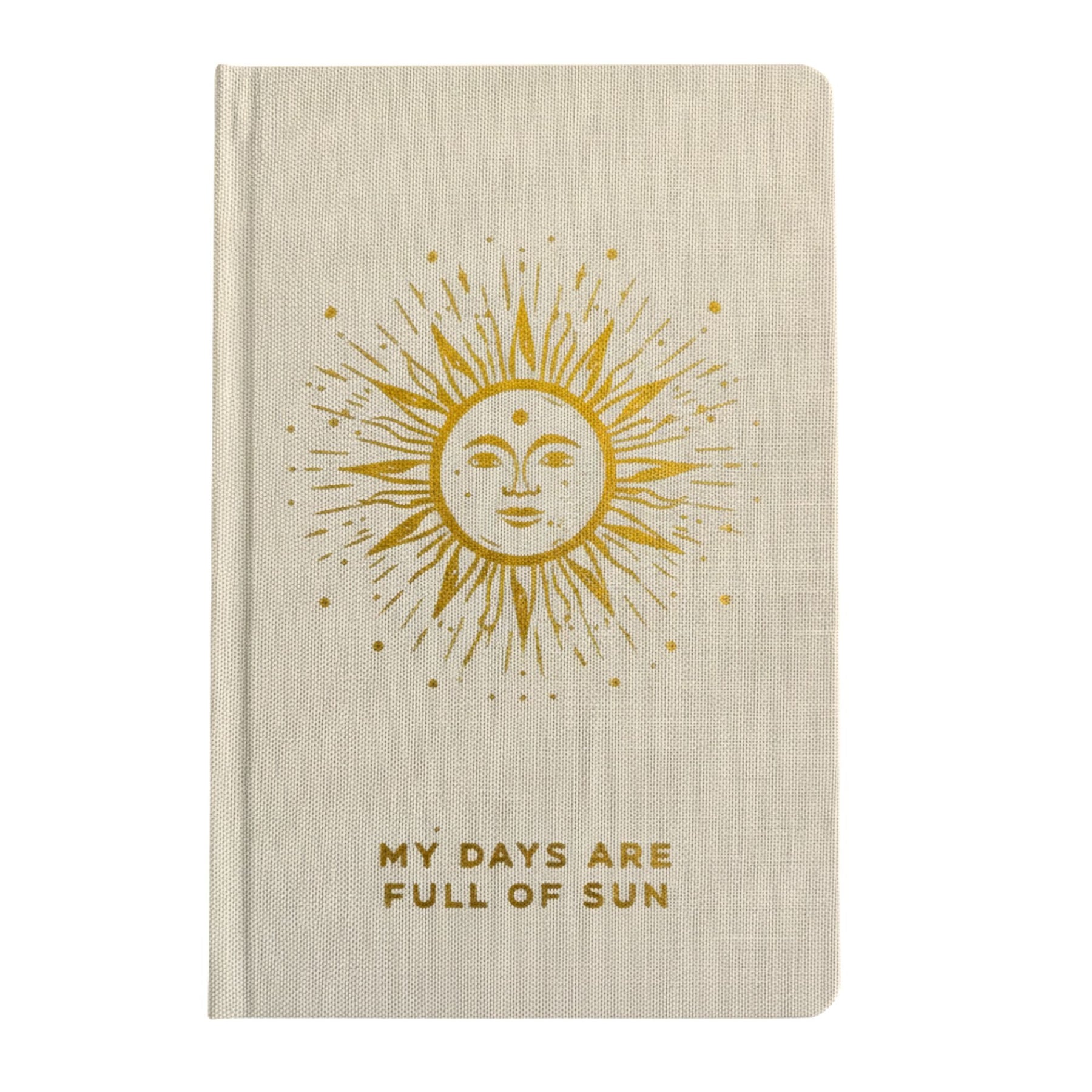 Creamy ivory gratitude journal with gleaming gold sun design and gilded page edges