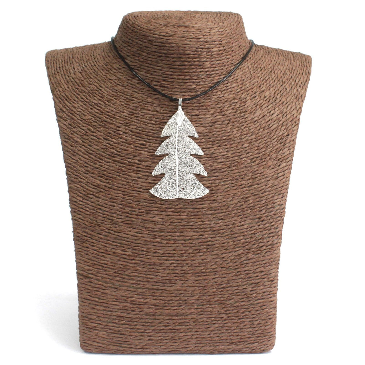 Silver electroplated real festive fir leaf necklace pendant on delicate chain, natural leaf veins visible