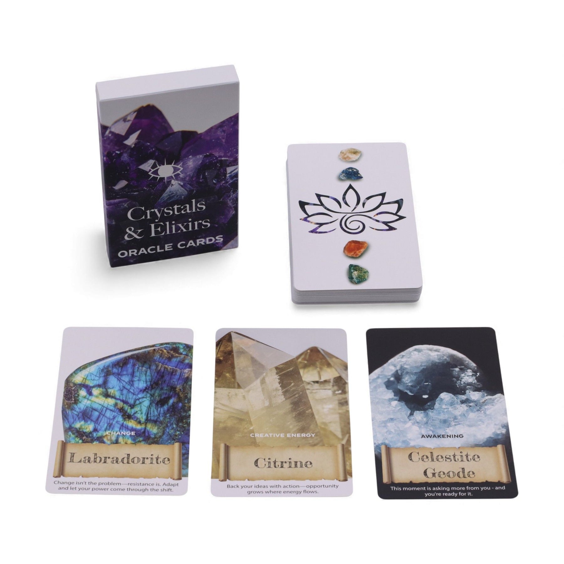 Set of oracle cards with crystal-themed design