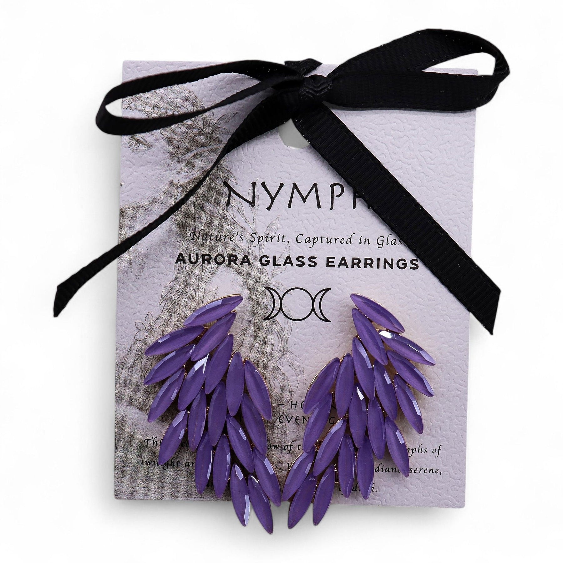 Purple glass earrings in a Nymph packaging with a black ribbon.