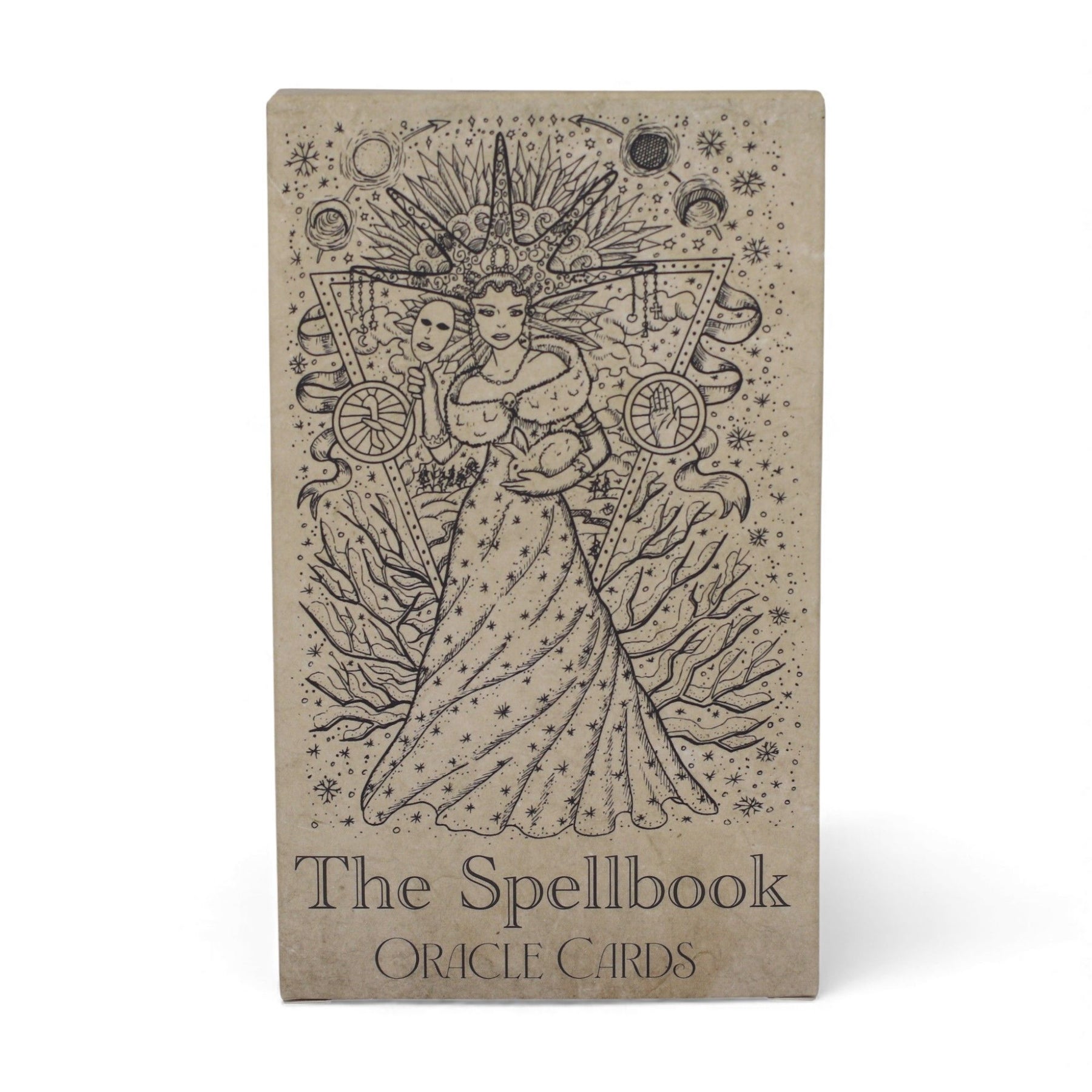40-card Spellbook Oracle Deck fanned out showing monochrome sigils, creatures & artefacts, in illustrated compact box