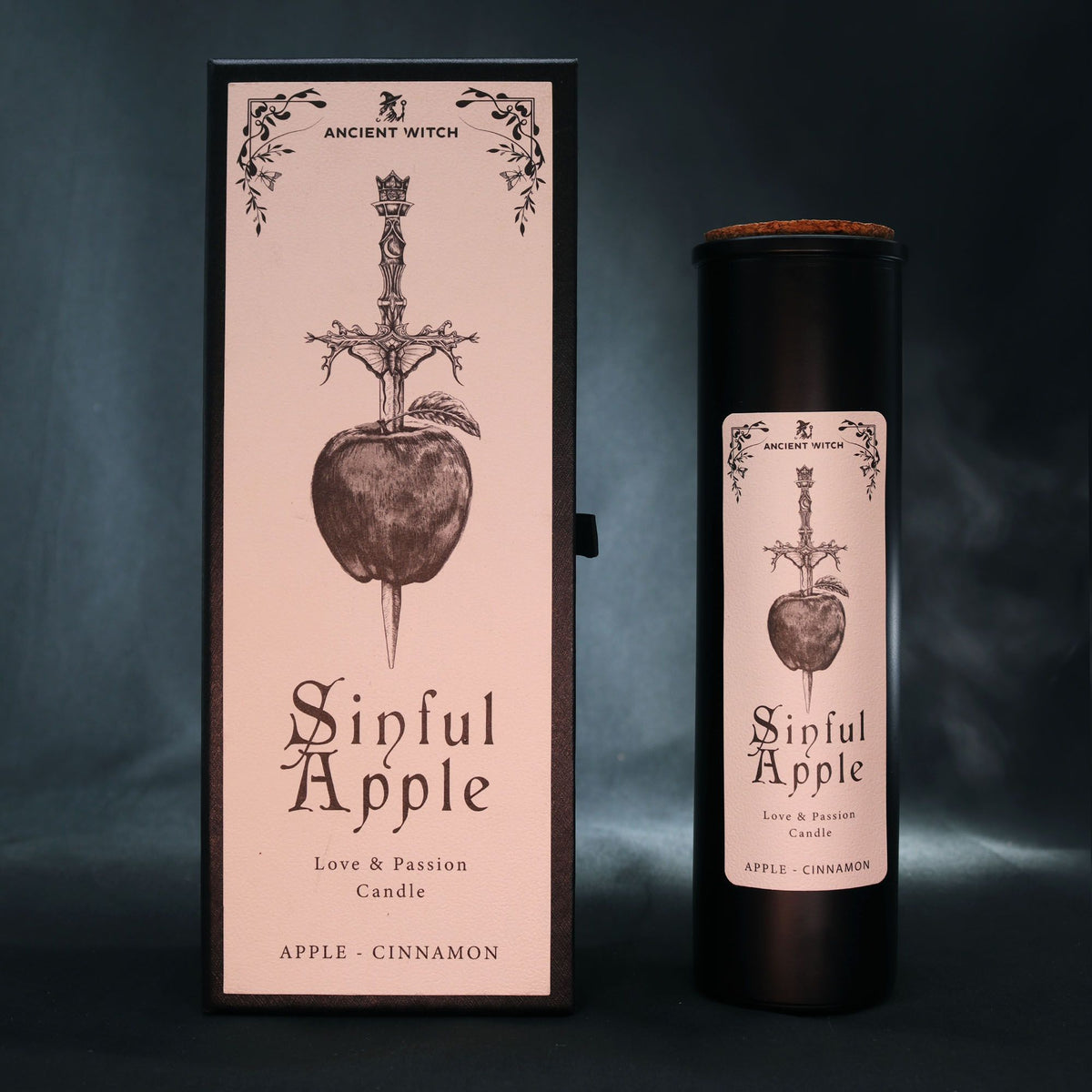 Candle packaging with 'Sinful Apple' design on a dark background