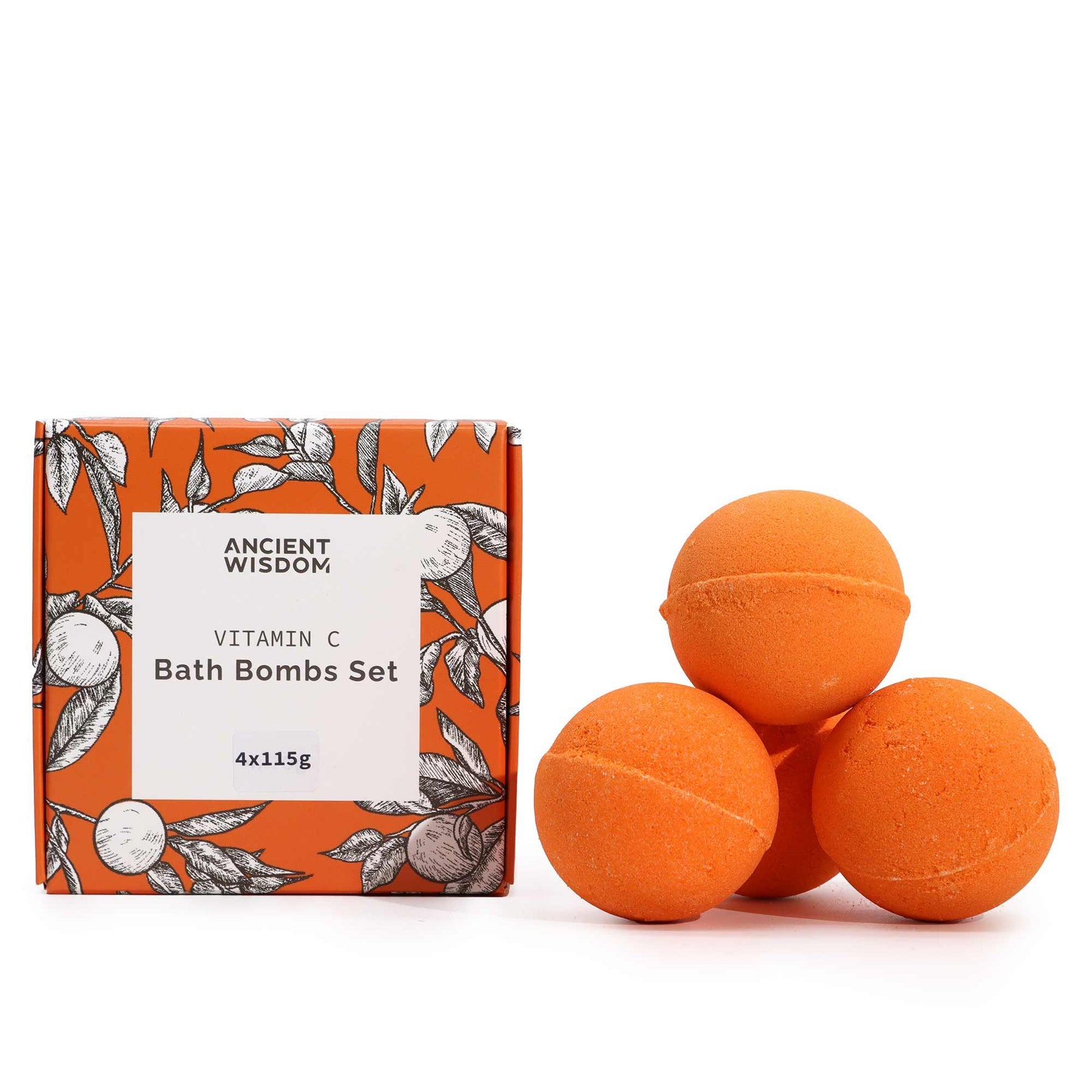 Orange bath bombs with packaging labeled 'Ancient Wisdom Vitamin C Bath Bombs Set' on a white background