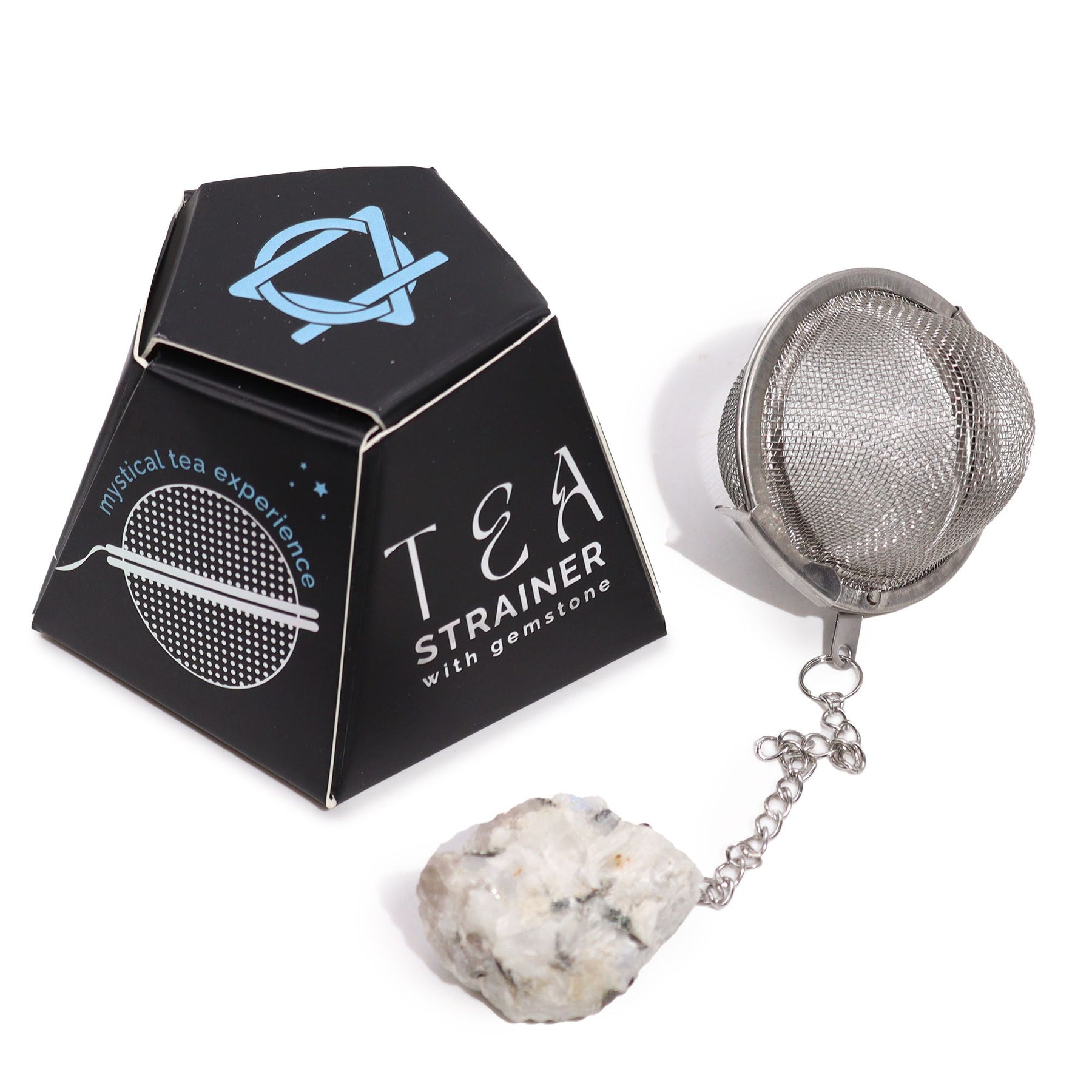 Tea strainer with gemstone and packaging on a white background