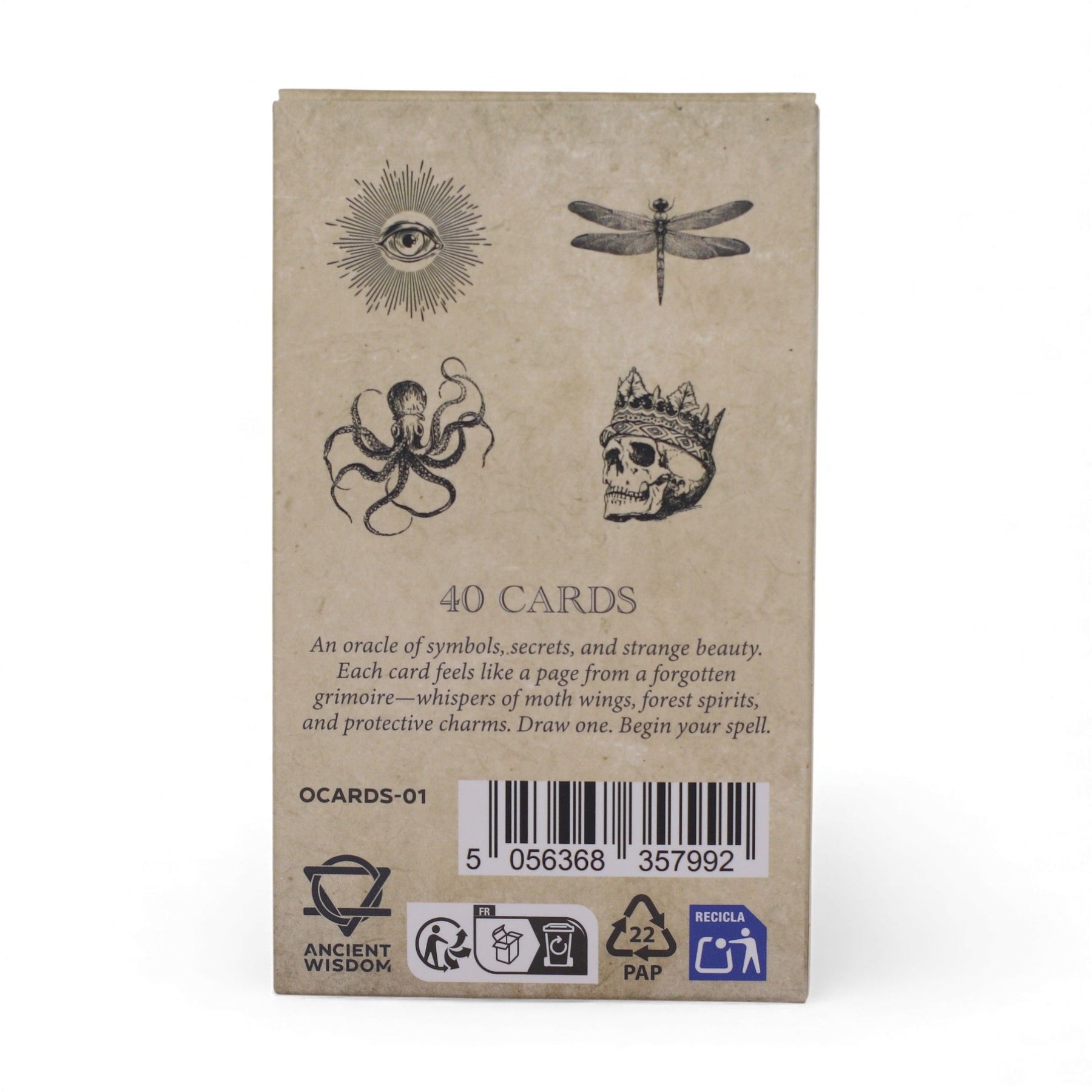 40-card Spellbook Oracle Deck fanned out showing monochrome sigils, creatures & artefacts, in illustrated compact box