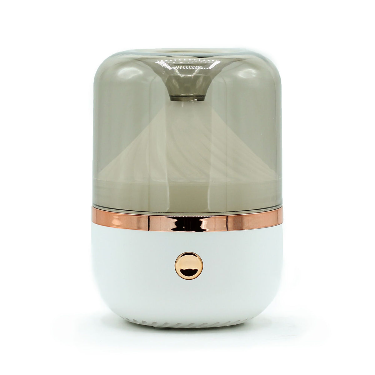 Elegant white & bronze urban aroma diffuser glowing with soft rainbow light, fine mist rising, USB-C cable