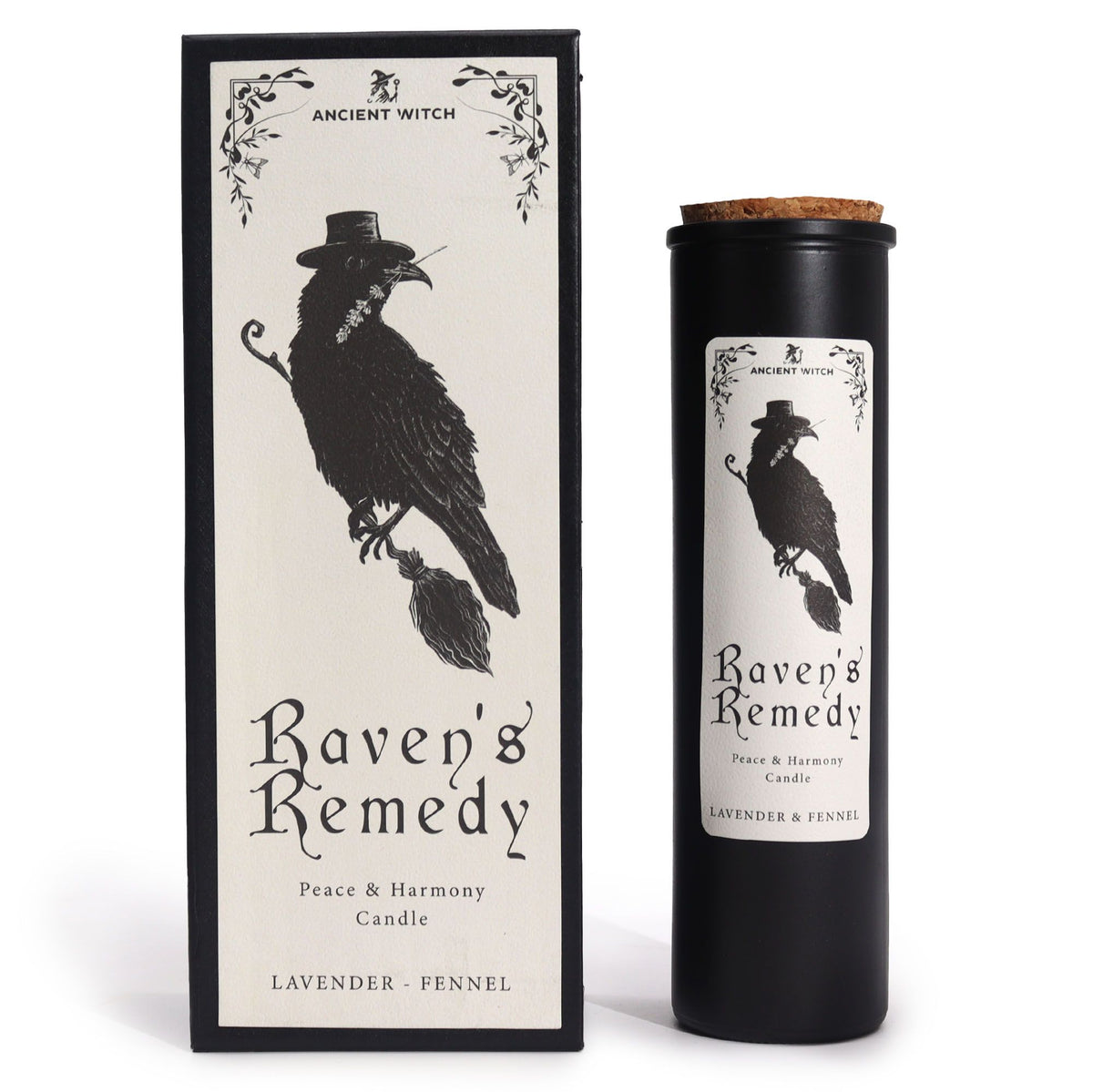 Black matte glass Raven’s Remedy candle burning with purple flame, surrounded by raven feathers, dried lavender, fennel seeds and a spell card on dark velvet