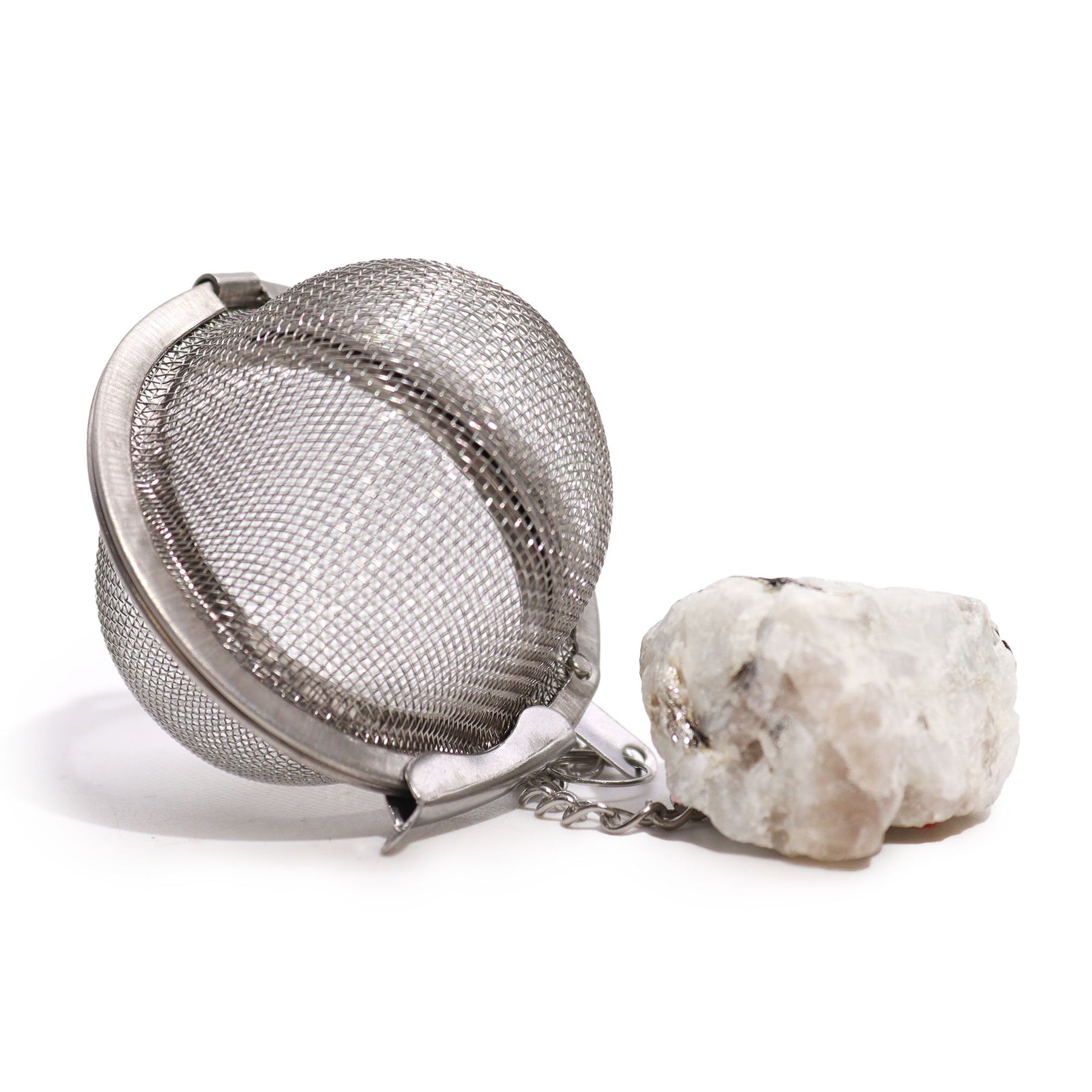 Raw rainbow moonstone crystal tea strainer with stainless steel mesh basket
