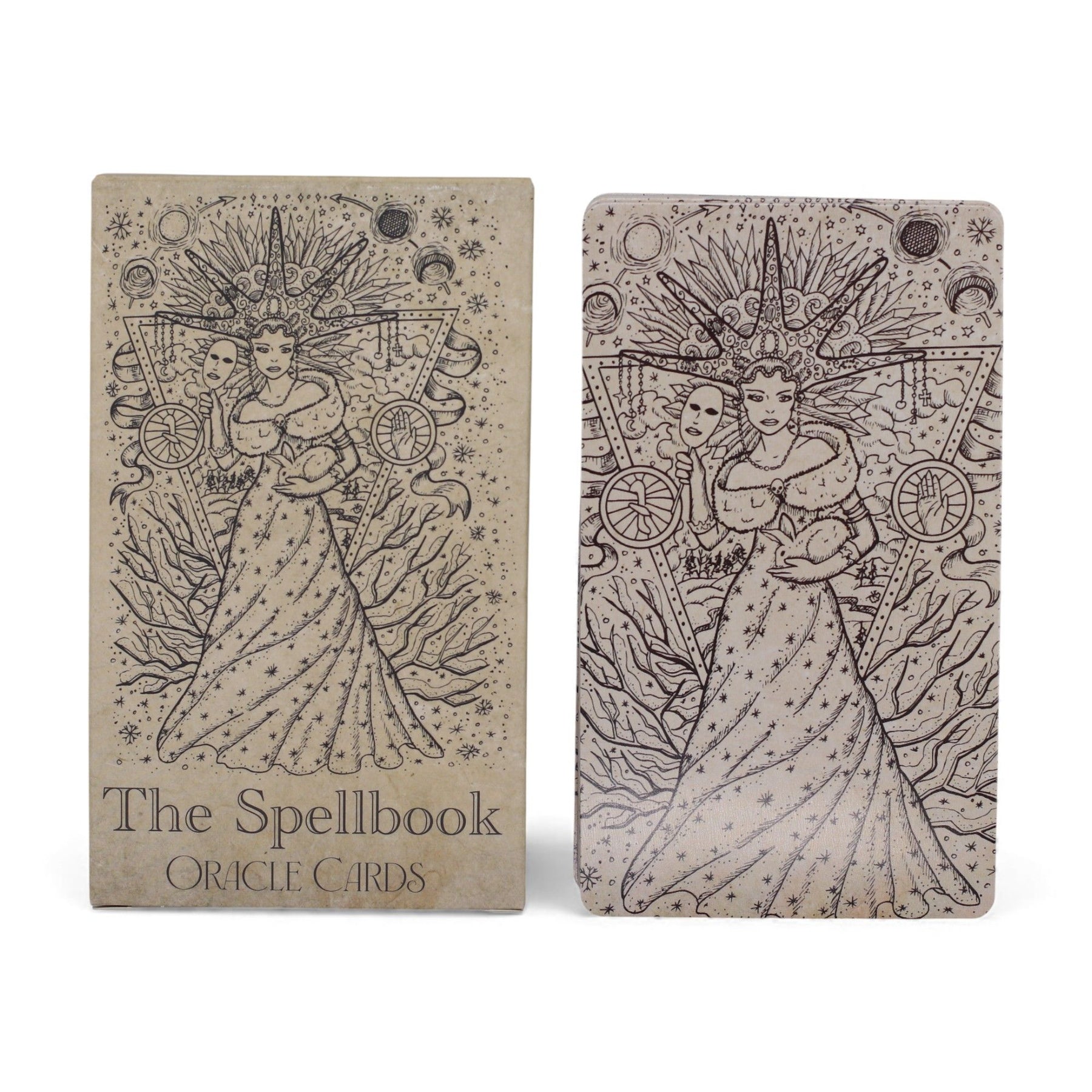 40-card Spellbook Oracle Deck fanned out showing monochrome sigils, creatures & artefacts, in illustrated compact box