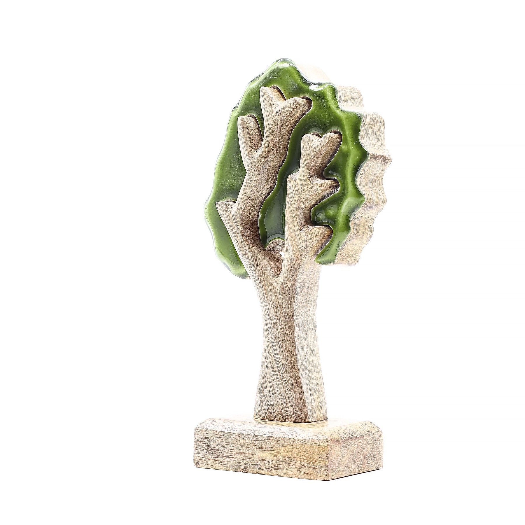 20 cm tall 3D mango wood Christmas tree with deep green enamel branches on wooden base, styled on shelf with fairy lights and pine cones