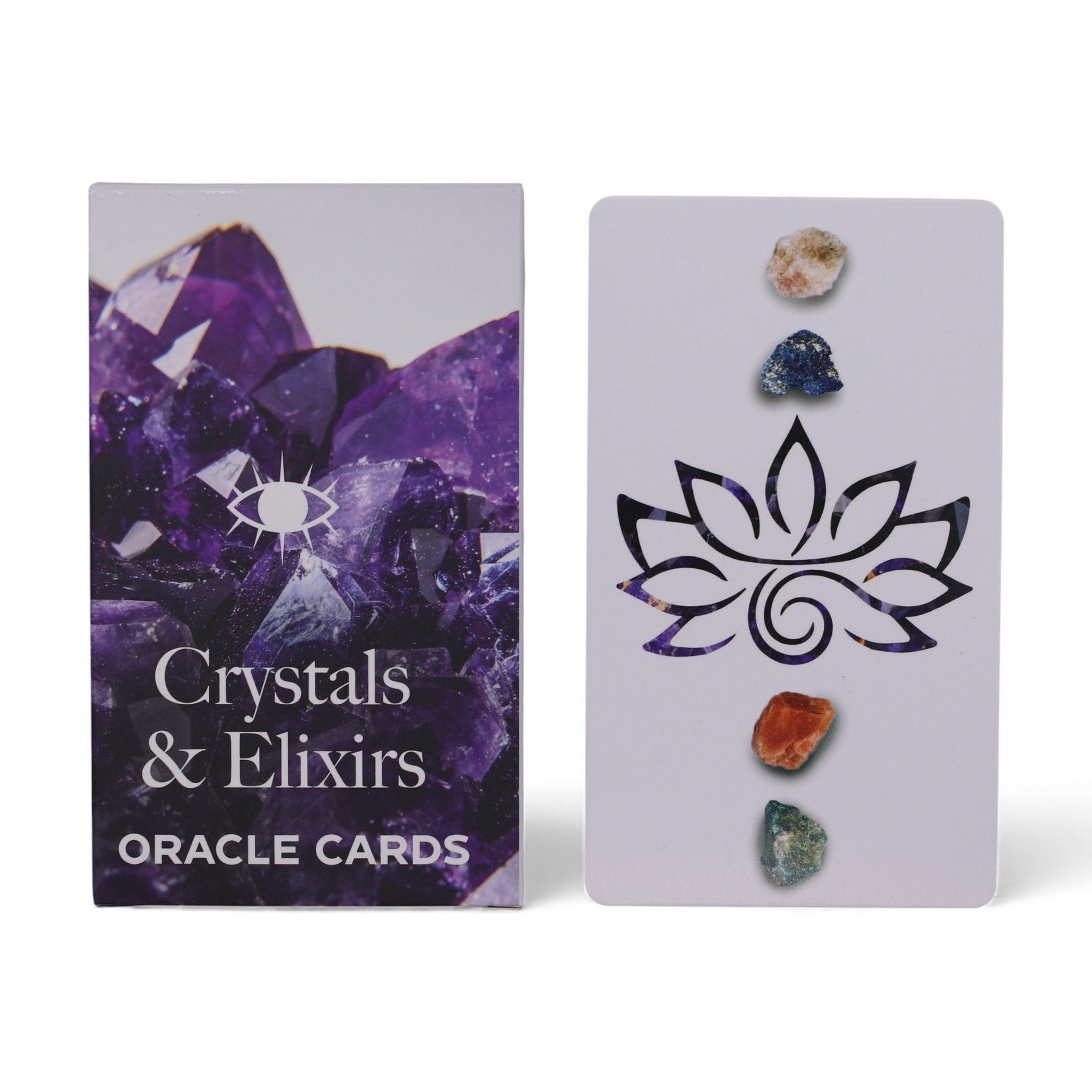 Crystals & Elixirs Oracle Deck fanned out showing colourful gemstone illustrations & elixir messages, box with radiant crystal design