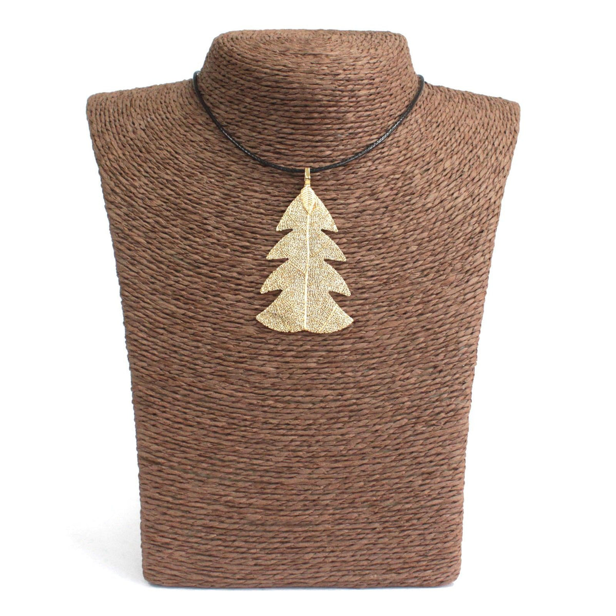 Gold electroplated real festive fir leaf necklace pendant on delicate chain, natural leaf veins visible