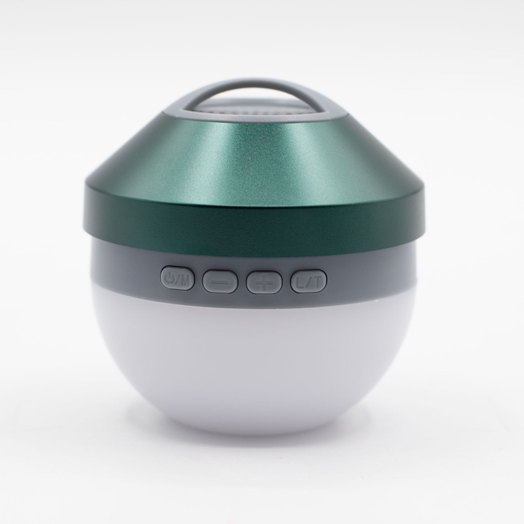 Close-up of green mini speaker showing integrated controls, 40mm speaker grille, LED light ring and hang loop detail