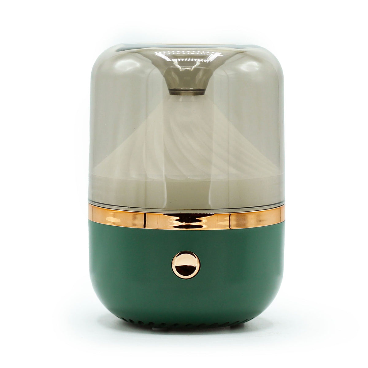 Sleek green & bronze urban aroma diffuser glowing with soft colour-changing light, fine mist rising, USB-C cable