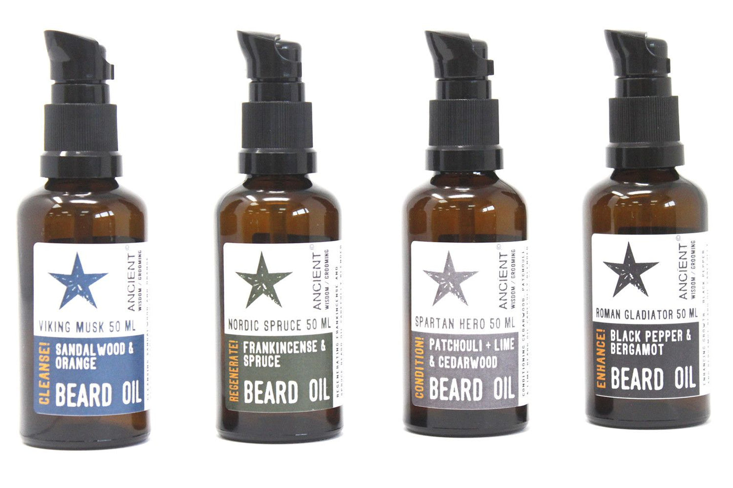 Four bottles of beard oil with labels on a white background