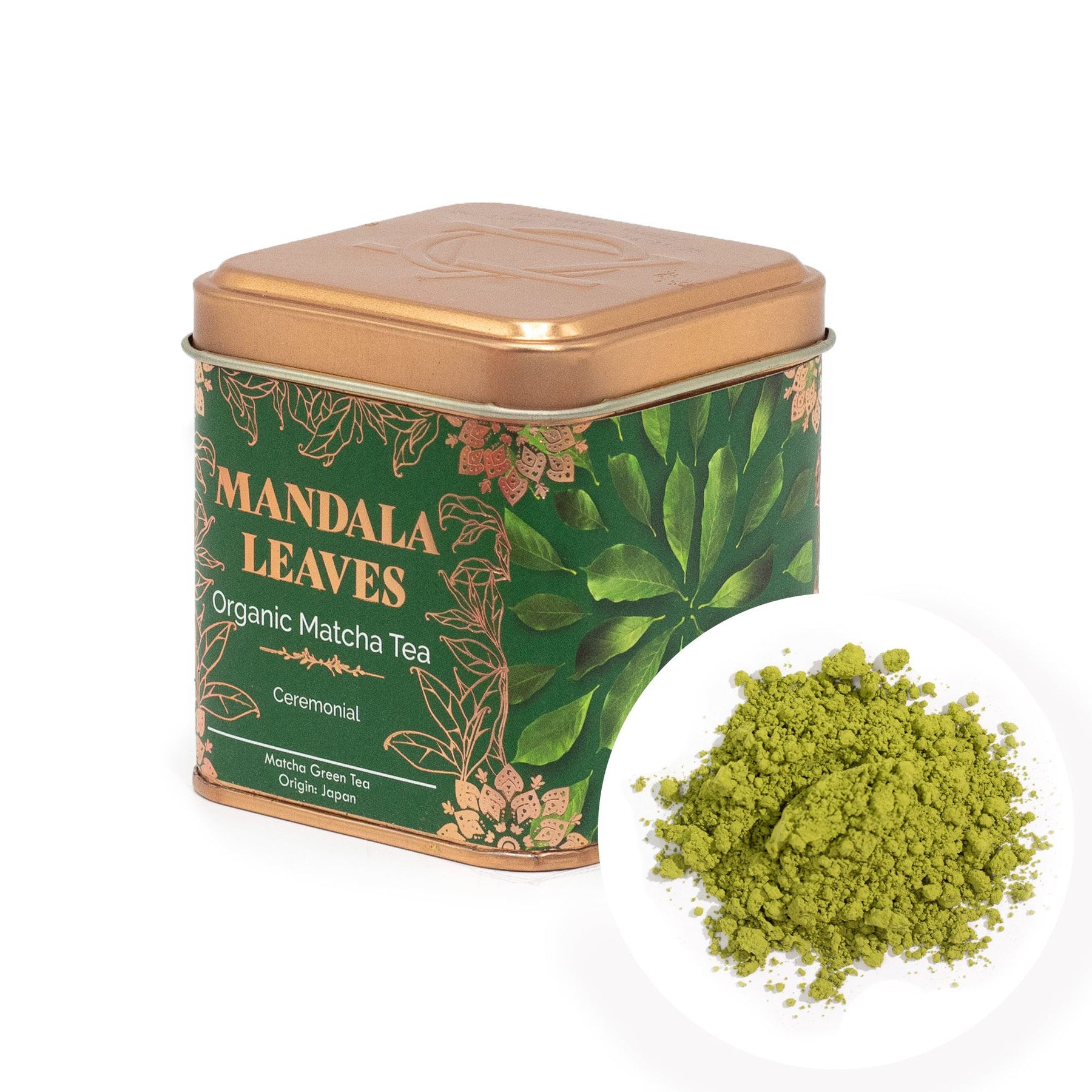 Mandala Leaves Organic Matcha Tea canister with matcha powder on a white background