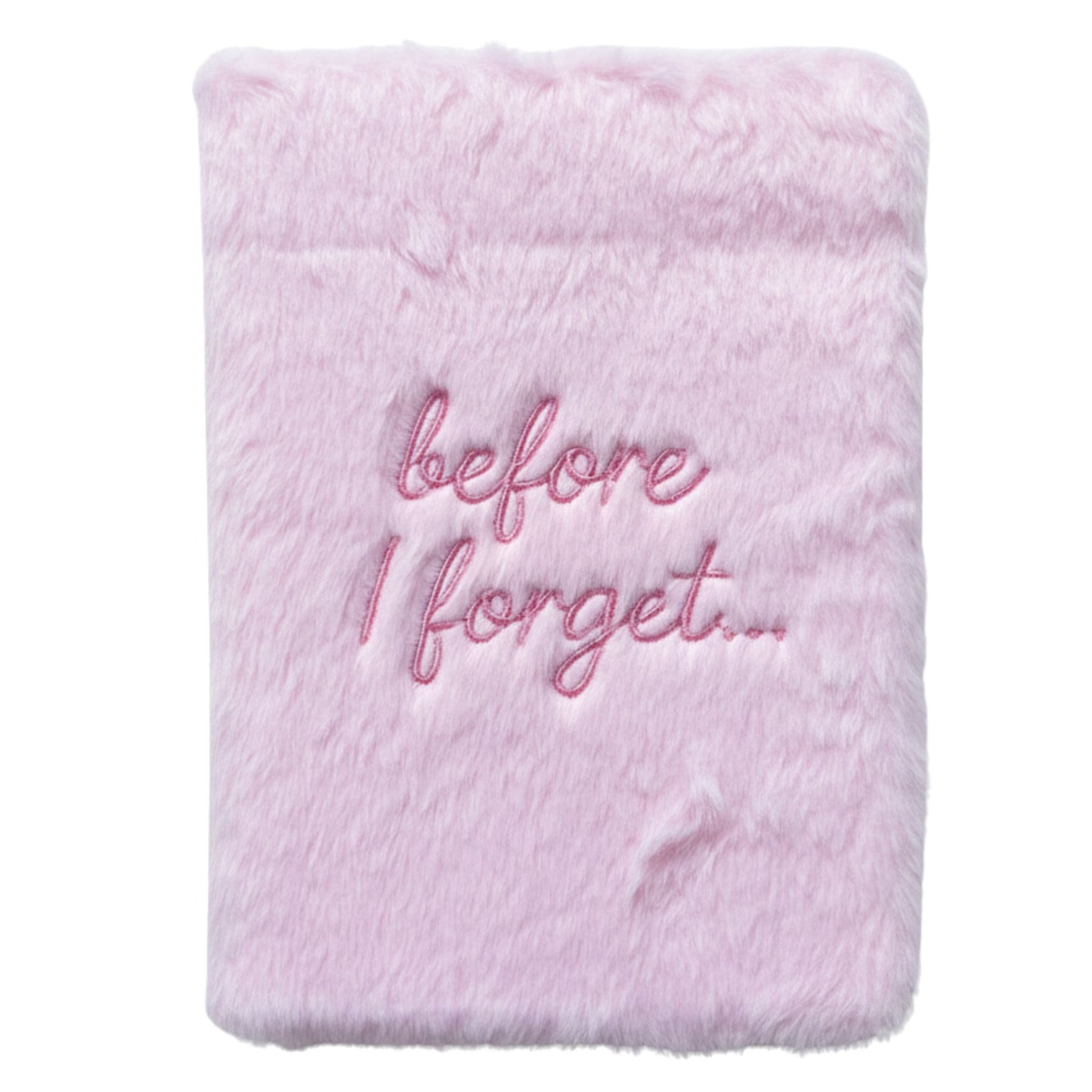 Fluffy pastel pink plush journal with silver “before I forget…” embroidery