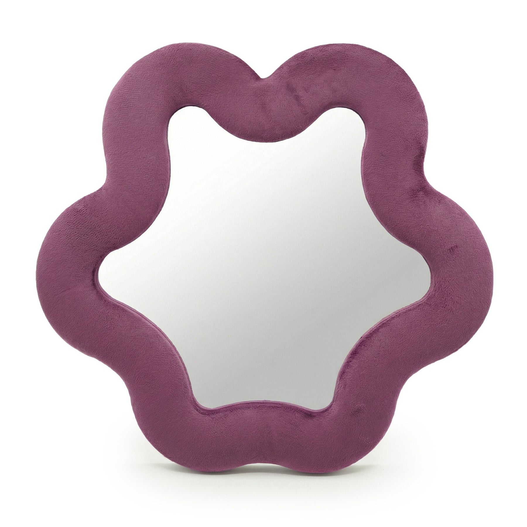 Soft squiggly star mirror in muted mauve velvet frame with gentle wavy edges