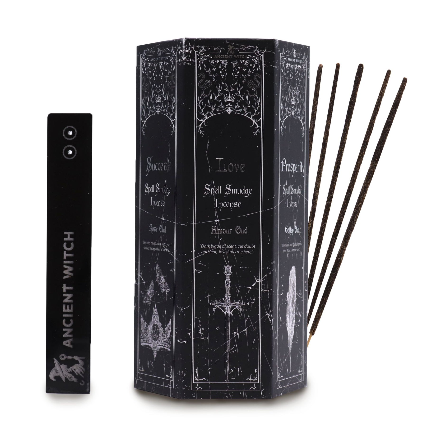 Hexagonal black incense box with 'Ancient Witch' branding, incense sticks and incense holder on a white background