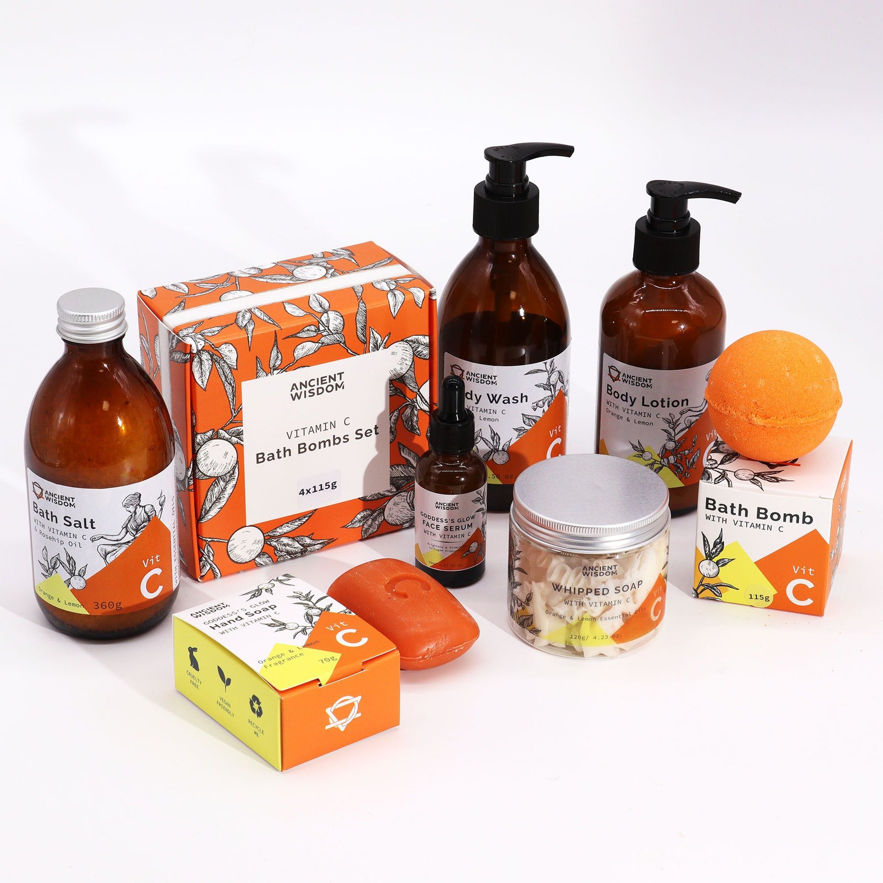 Collection of skincare and wellness products including bottles, boxes, and a bath bomb on a white background.