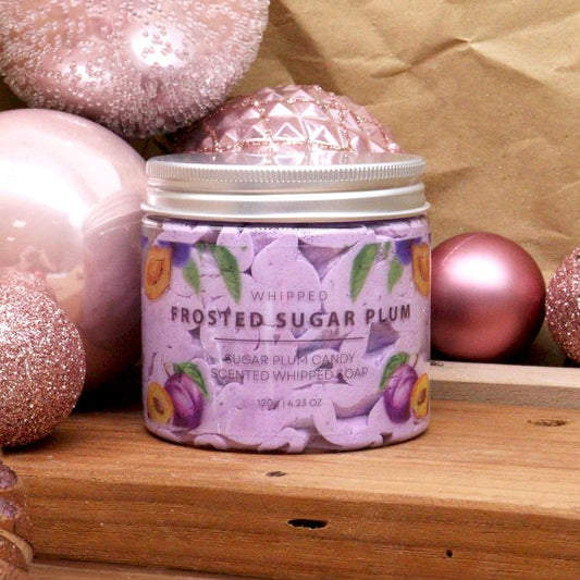 Frosted Sugar Plum Whipped Soap 120g jar topped with pink biodegradable glitter and sugar plum decoration