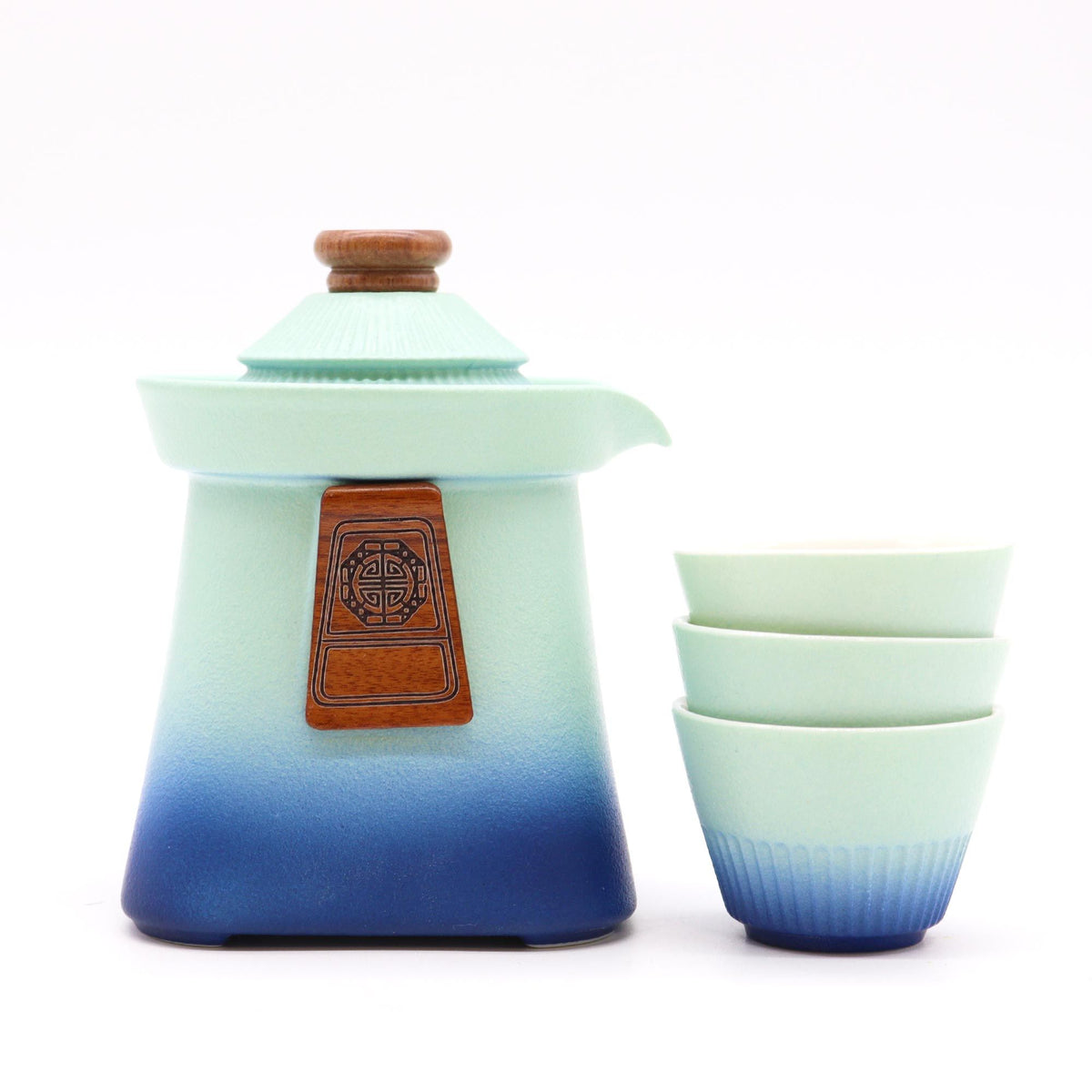 Temple Teapot Set with three cups in calming Blue Heaven design