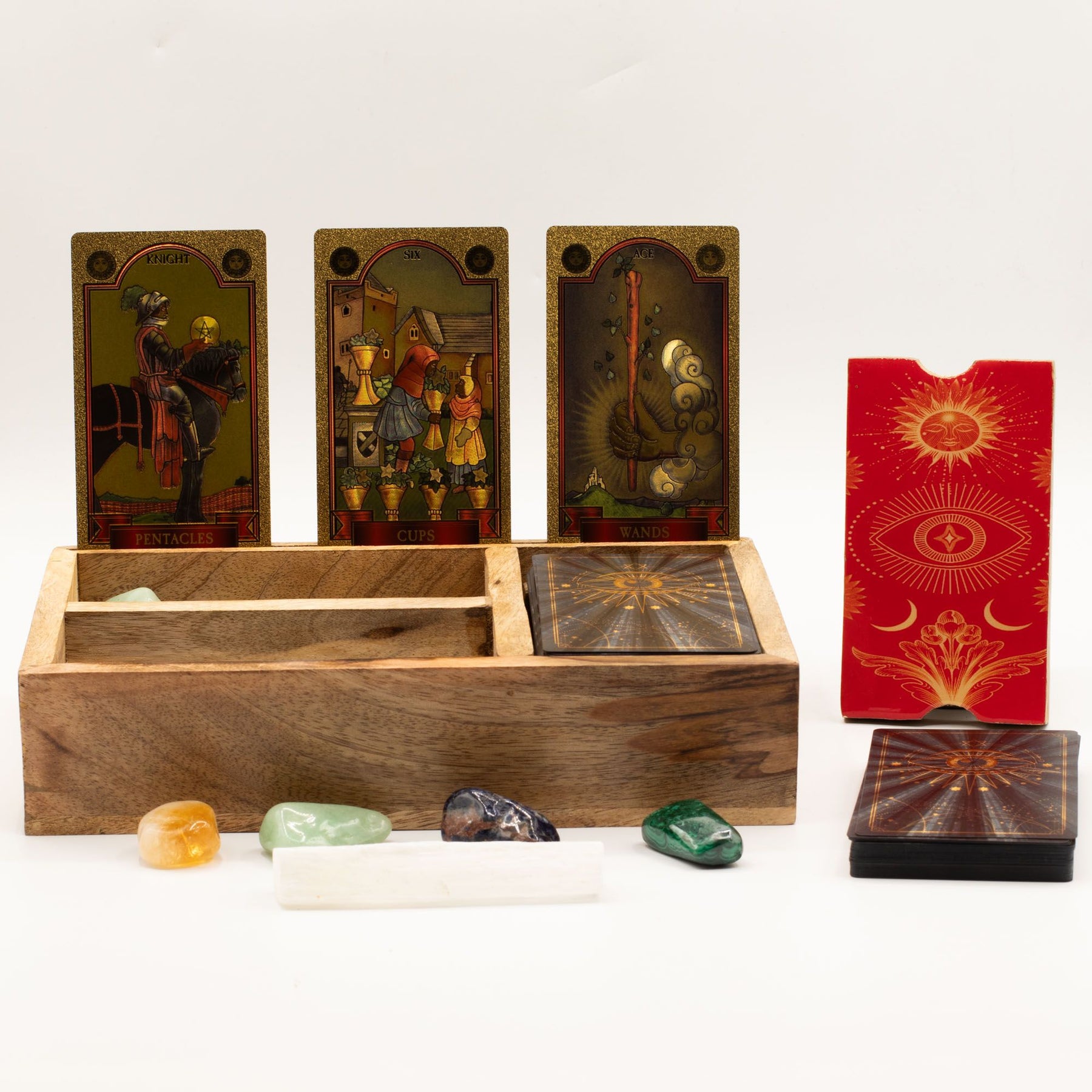 Three Section Tarot Box with Card Holder made from mango wood, open to show divided compartments and upright card display