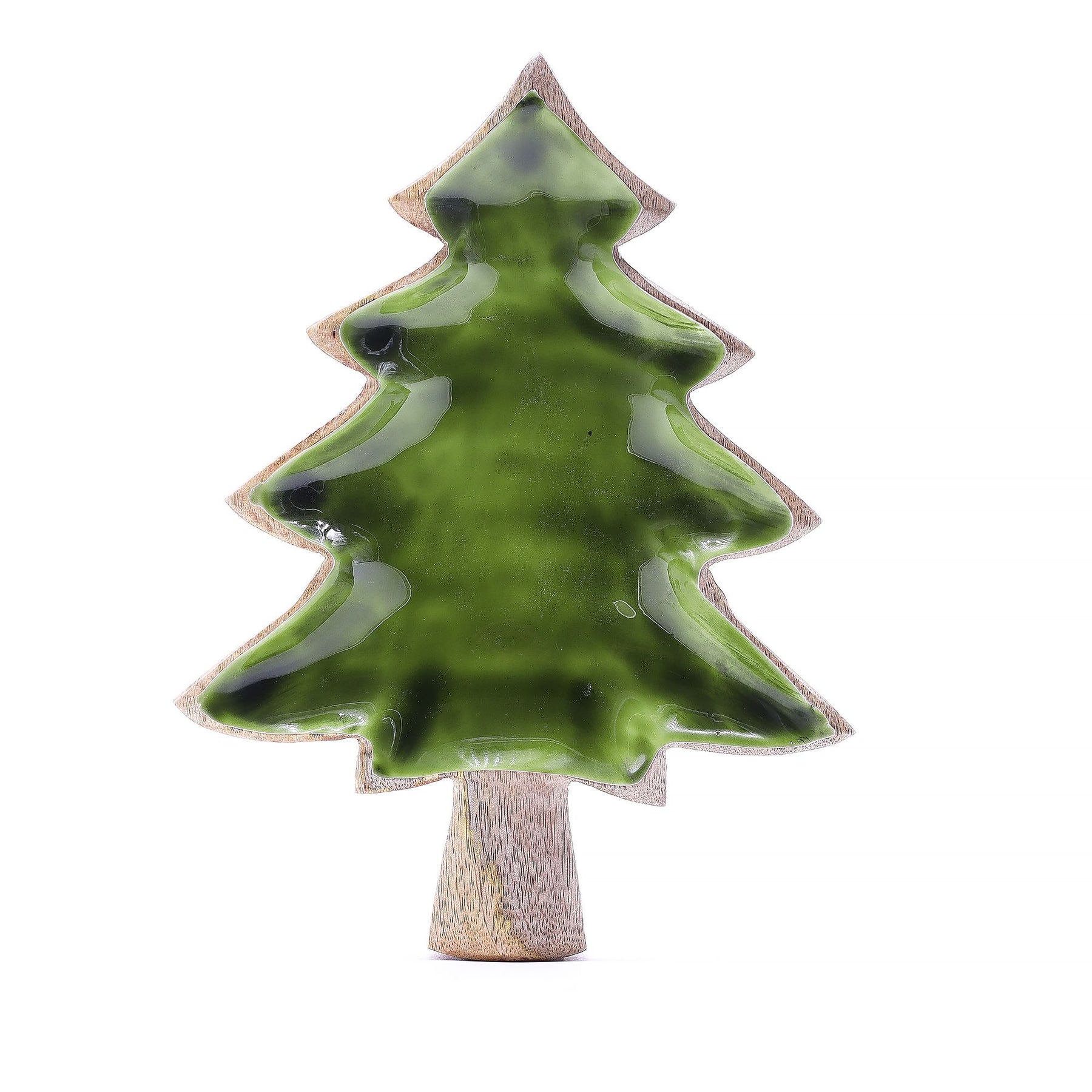 Tree-shaped mango wood bowl with rich green enamel interior
