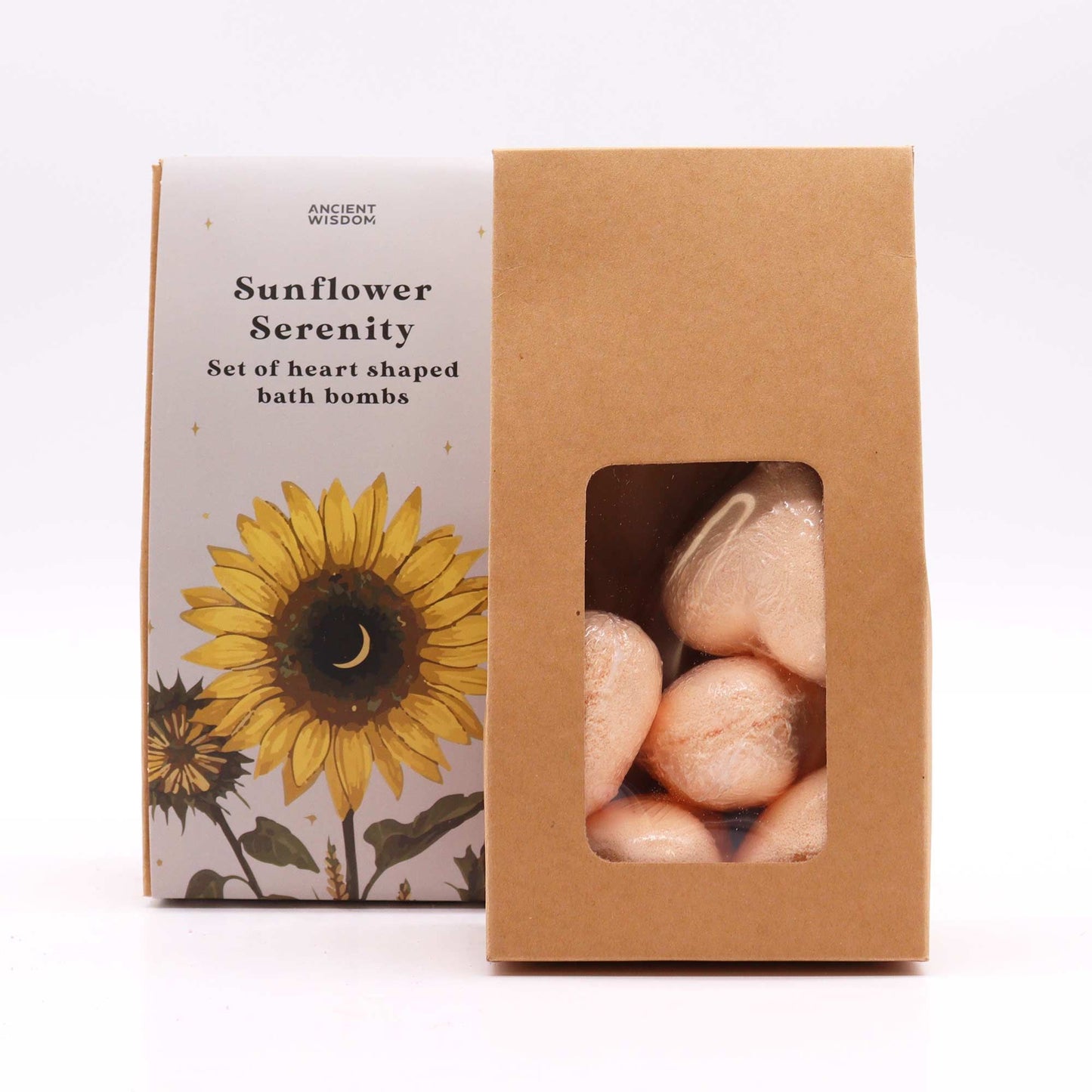 Sunflower Serenity Bath Heart Gift Set in elegant box with 5 golden heart-shaped bath bombs