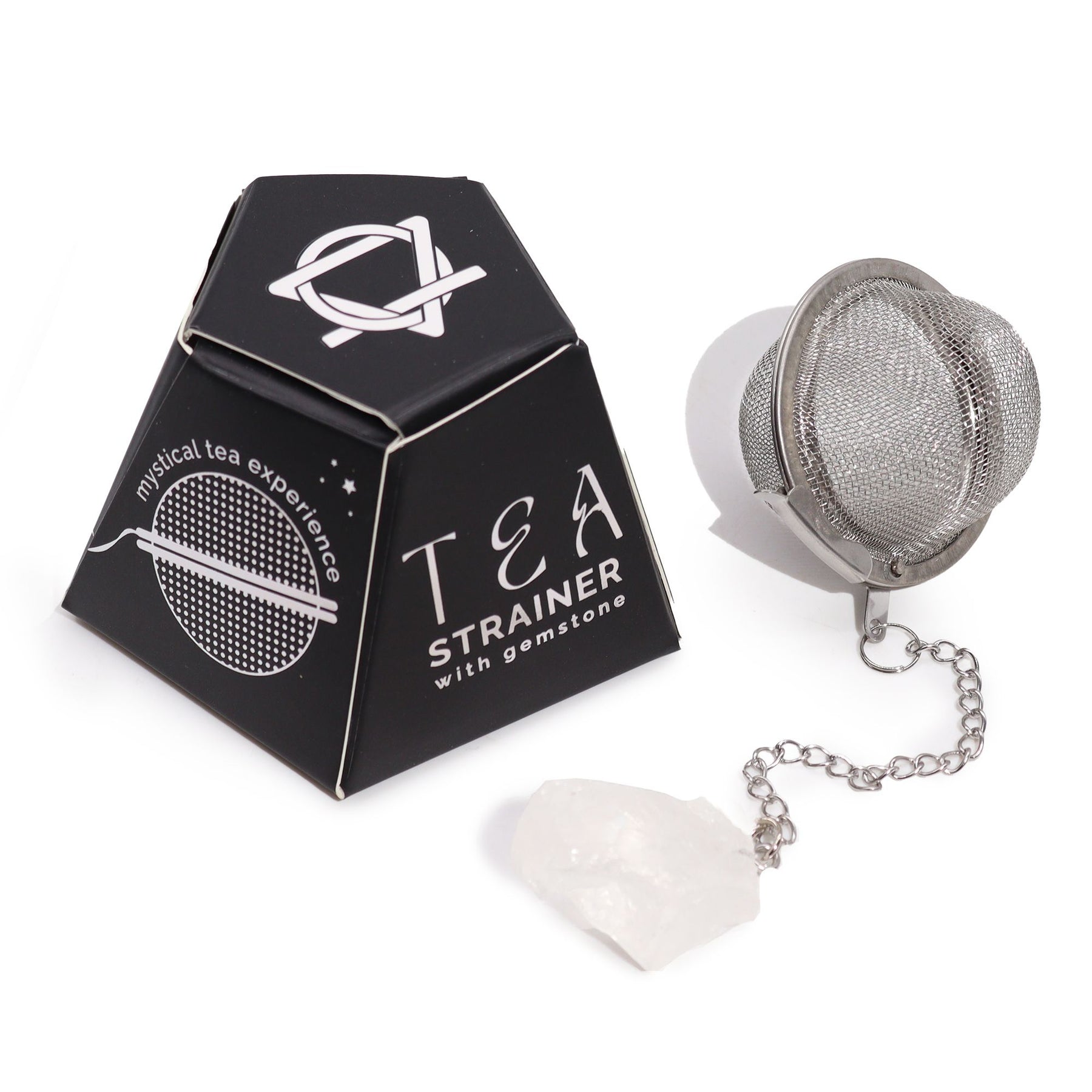 Tea strainer with gemstone and packaging on a white background