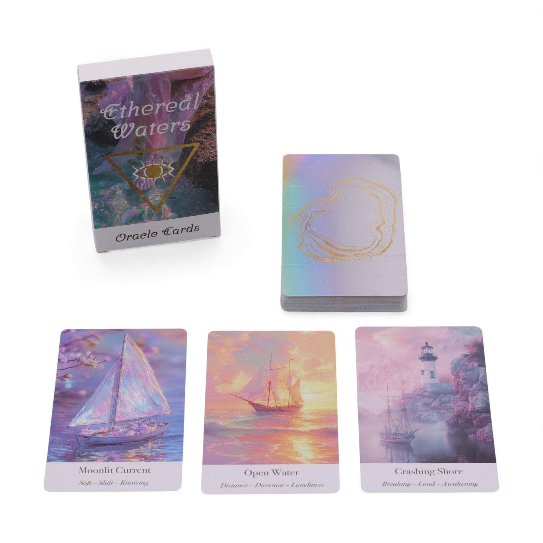 Ethereal Waters Oracle Deck fanned out showing soft pastel siren, moonlit ocean & wave illustrations, guidebook and box