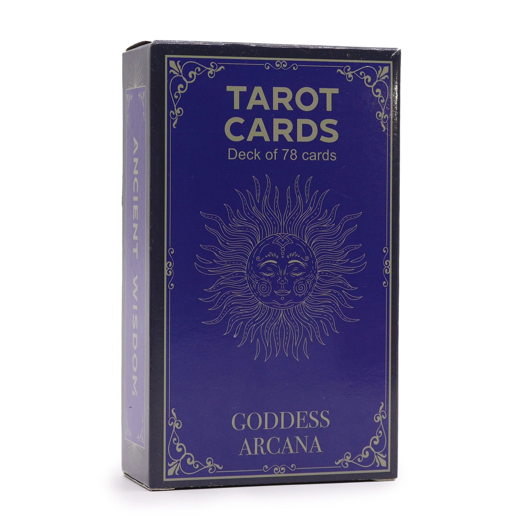 Goddess Arcana Tarot Deck fanned out with celestial goddess illustrations, guidebook and royal blue box