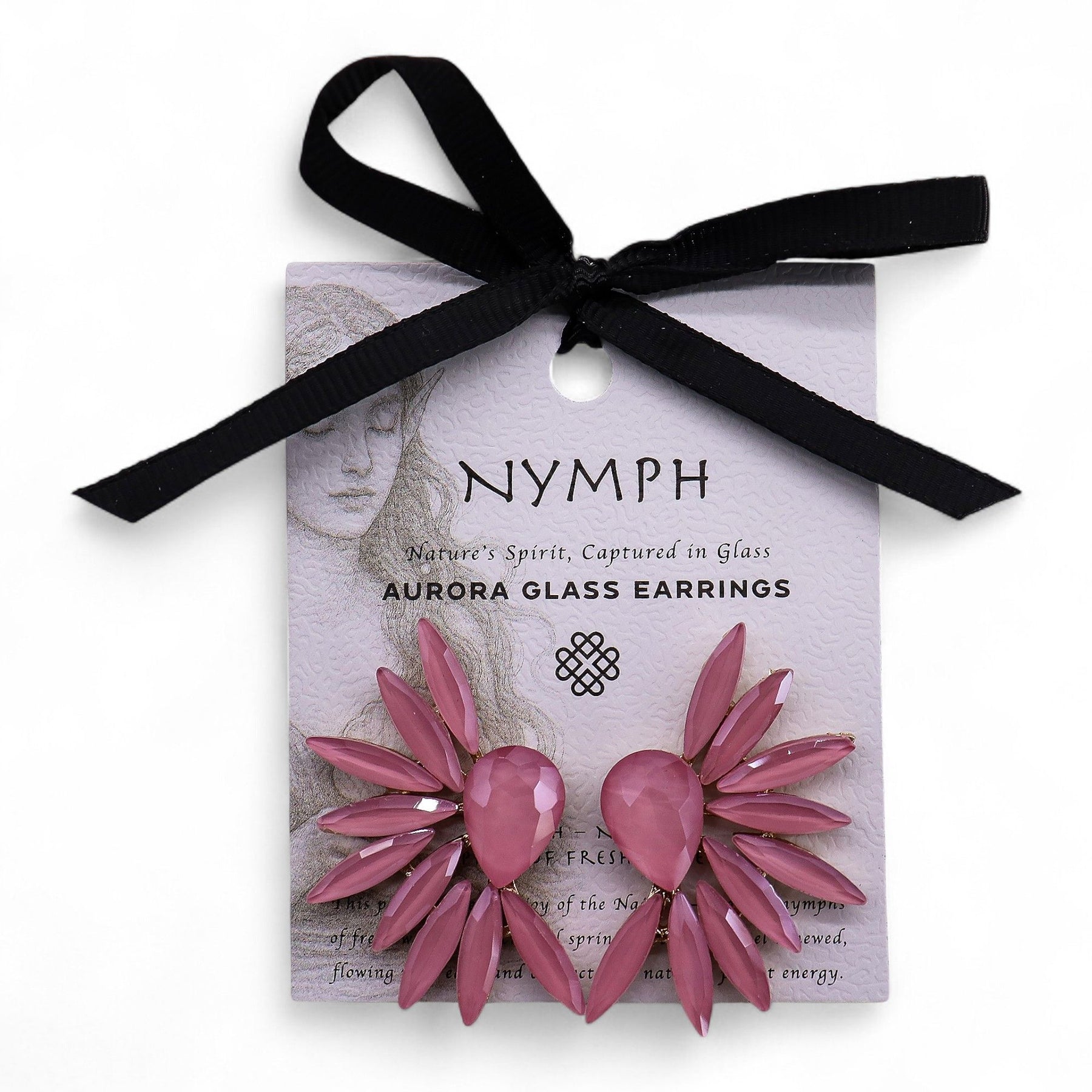 Pink aurora glass earrings on a 'Nymph' branded card with a black ribbon.