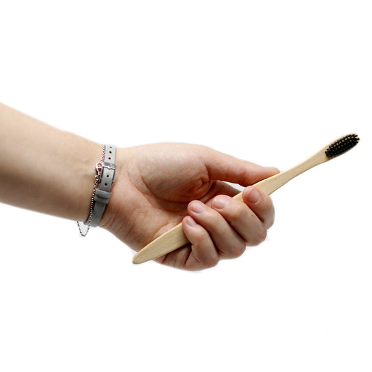 Hand holding a wooden toothbrush with a plain white background