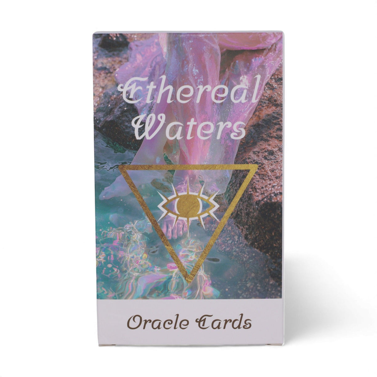 Ethereal Waters Oracle Deck fanned out showing soft pastel siren, moonlit ocean & wave illustrations, guidebook and box