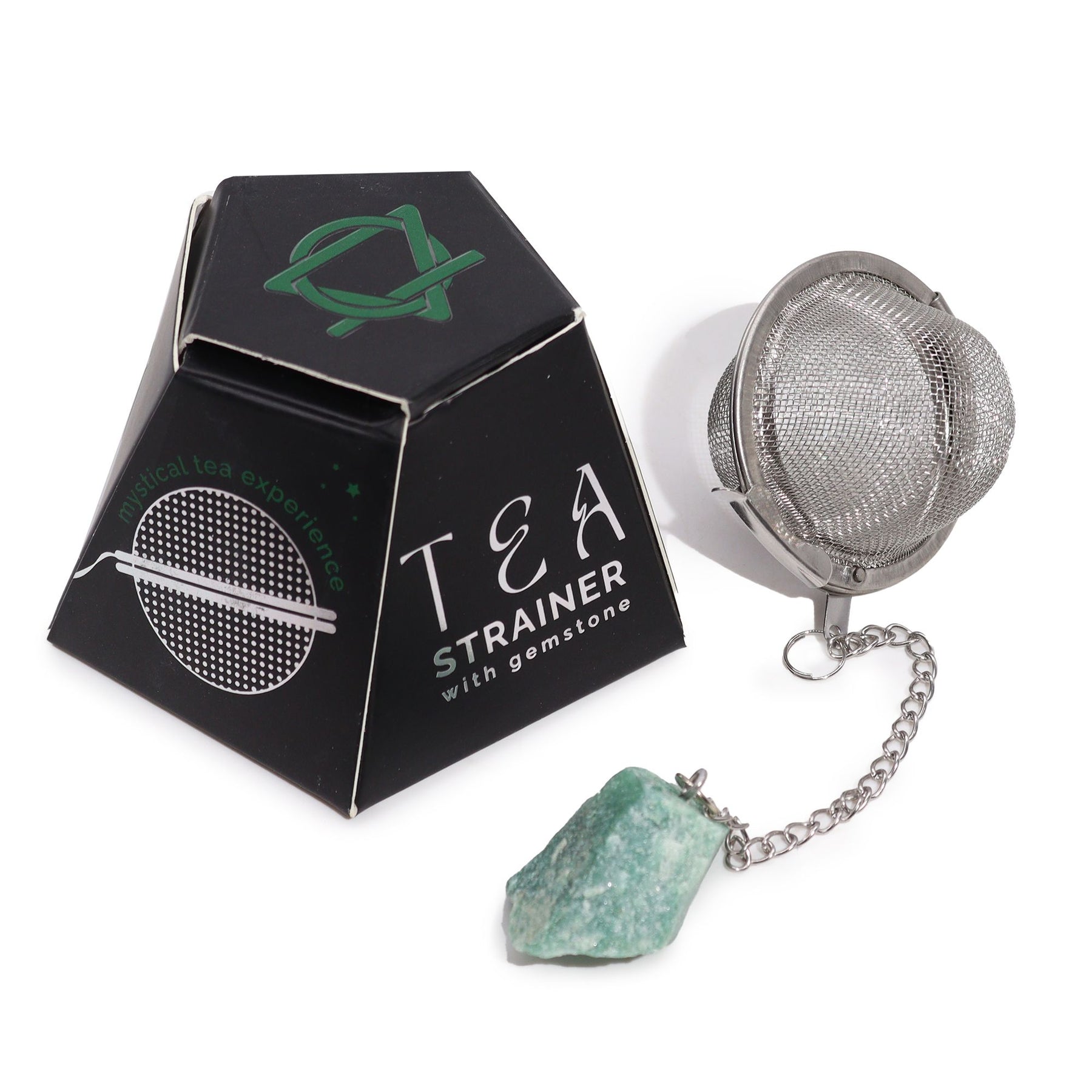 Tea strainer with gemstone and packaging on a white background