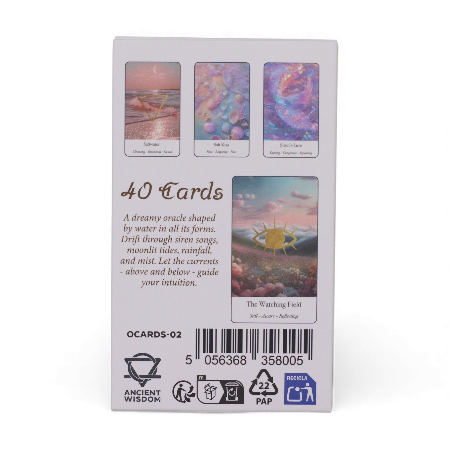 Ethereal Waters Oracle Deck fanned out showing soft pastel siren, moonlit ocean & wave illustrations, guidebook and box