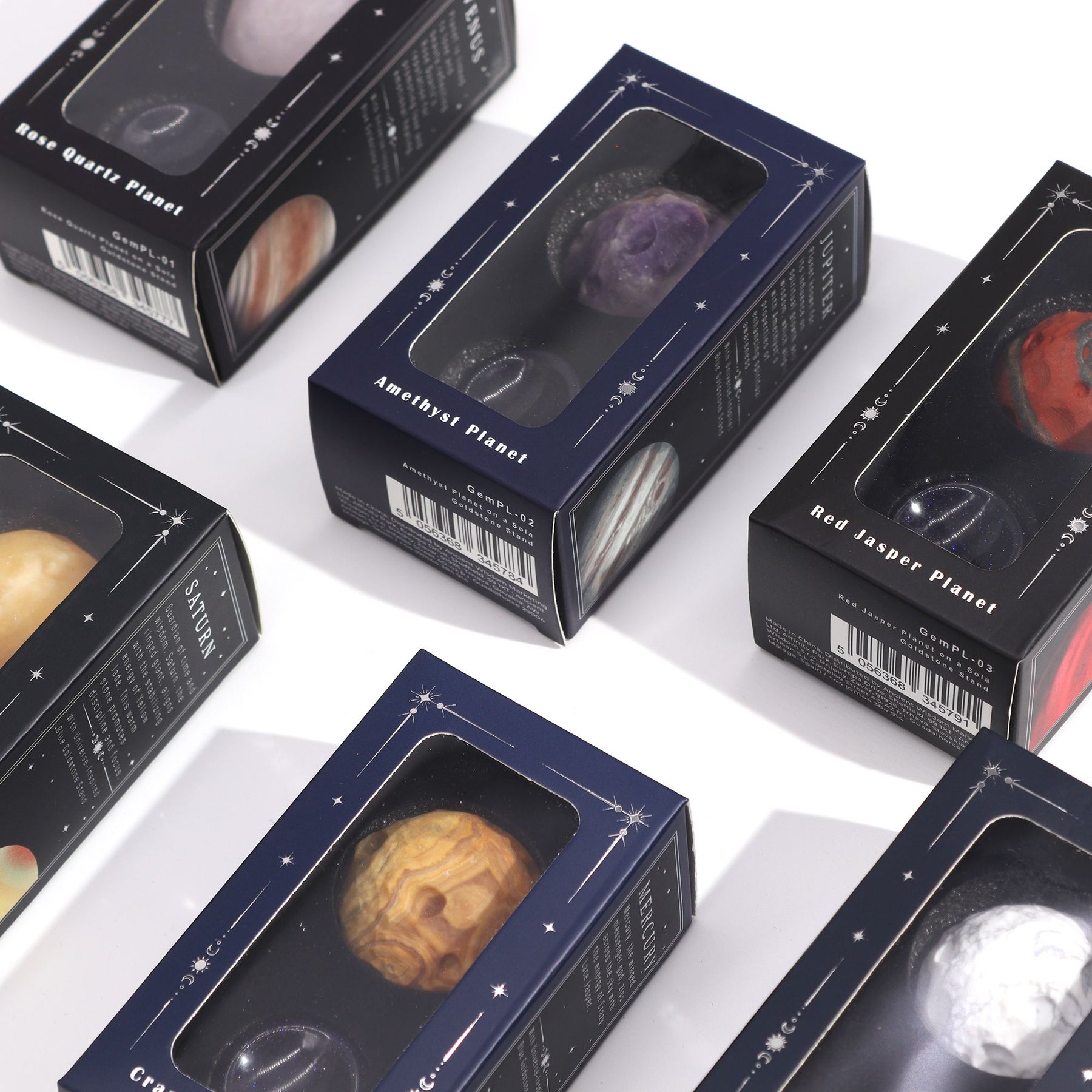 Rich purple 40mm Amethyst Jupiter sphere floating on glittering goldstone ring stand, regal cosmic background with soft golden light